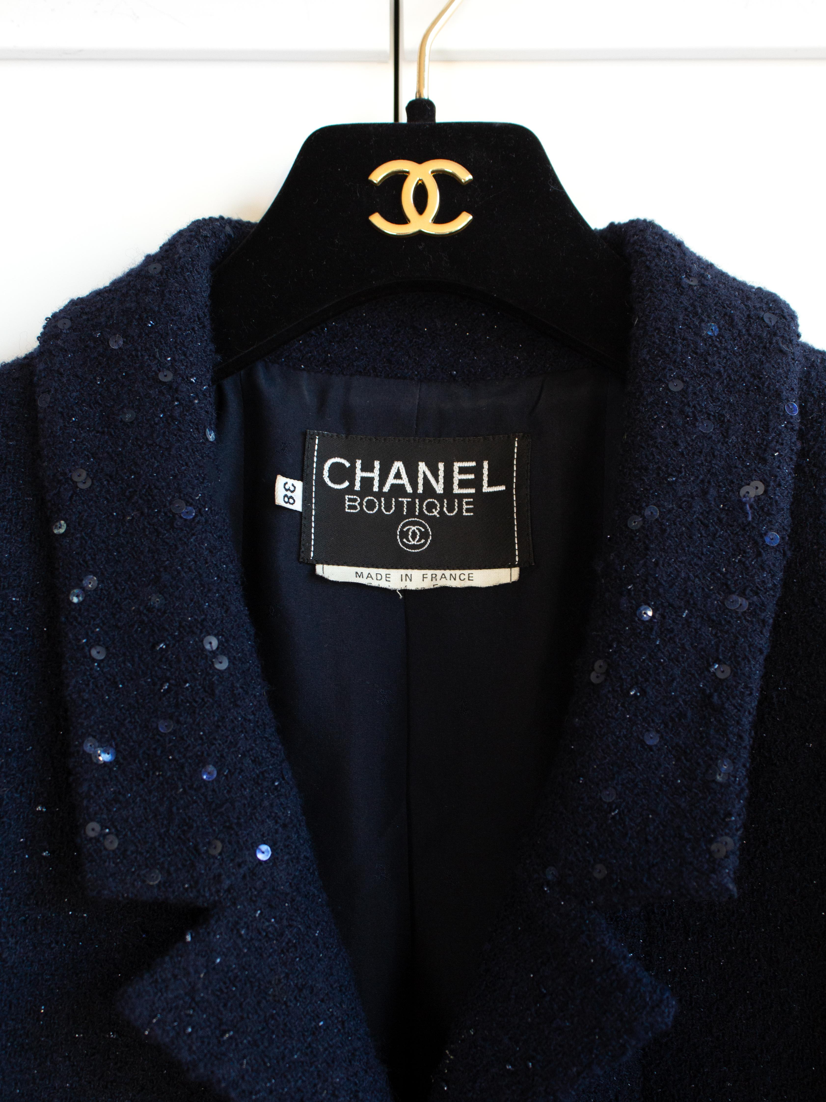 Chanel Vintage F/W 1993 Navy Midnight Blue Sequin Gold CC 93A Jacket For Sale 4