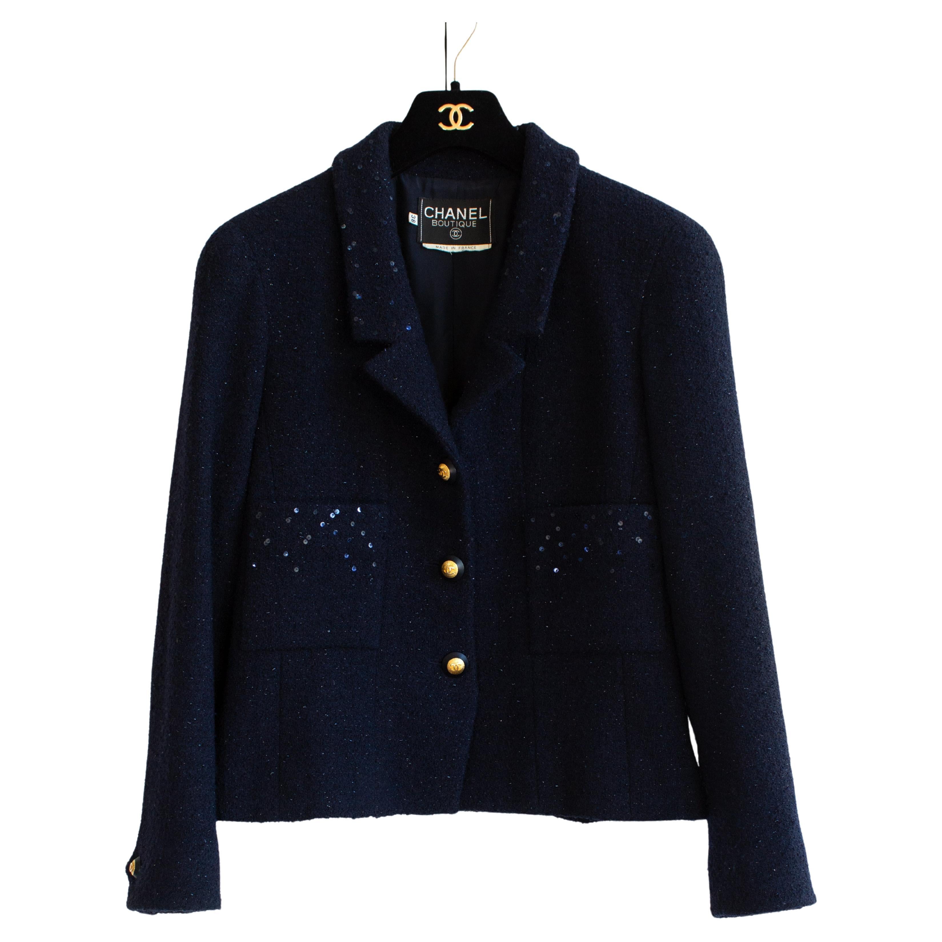 Chanel Vintage F/W 1993 Navy Midnight Blue Sequin Gold CC 93A Jacket For Sale