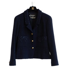 Chanel Vintage F/W 1993 Navy Midnight Blue Sequin Gold CC 93A Jacket
