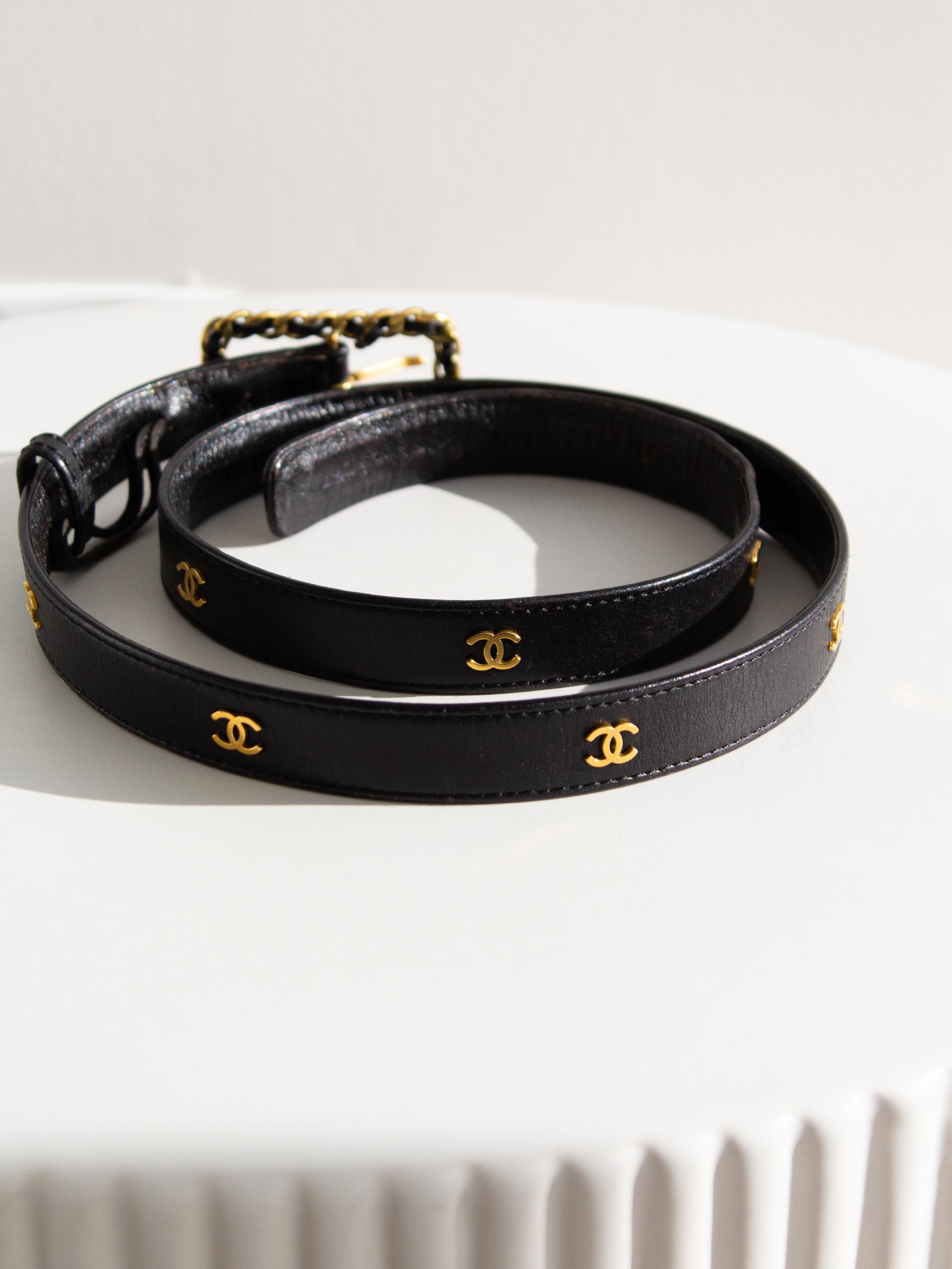 Women's Chanel Vintage F/W 1994 Black Gold CC Logo Chain Buckle 94A Leather Belt 85/34