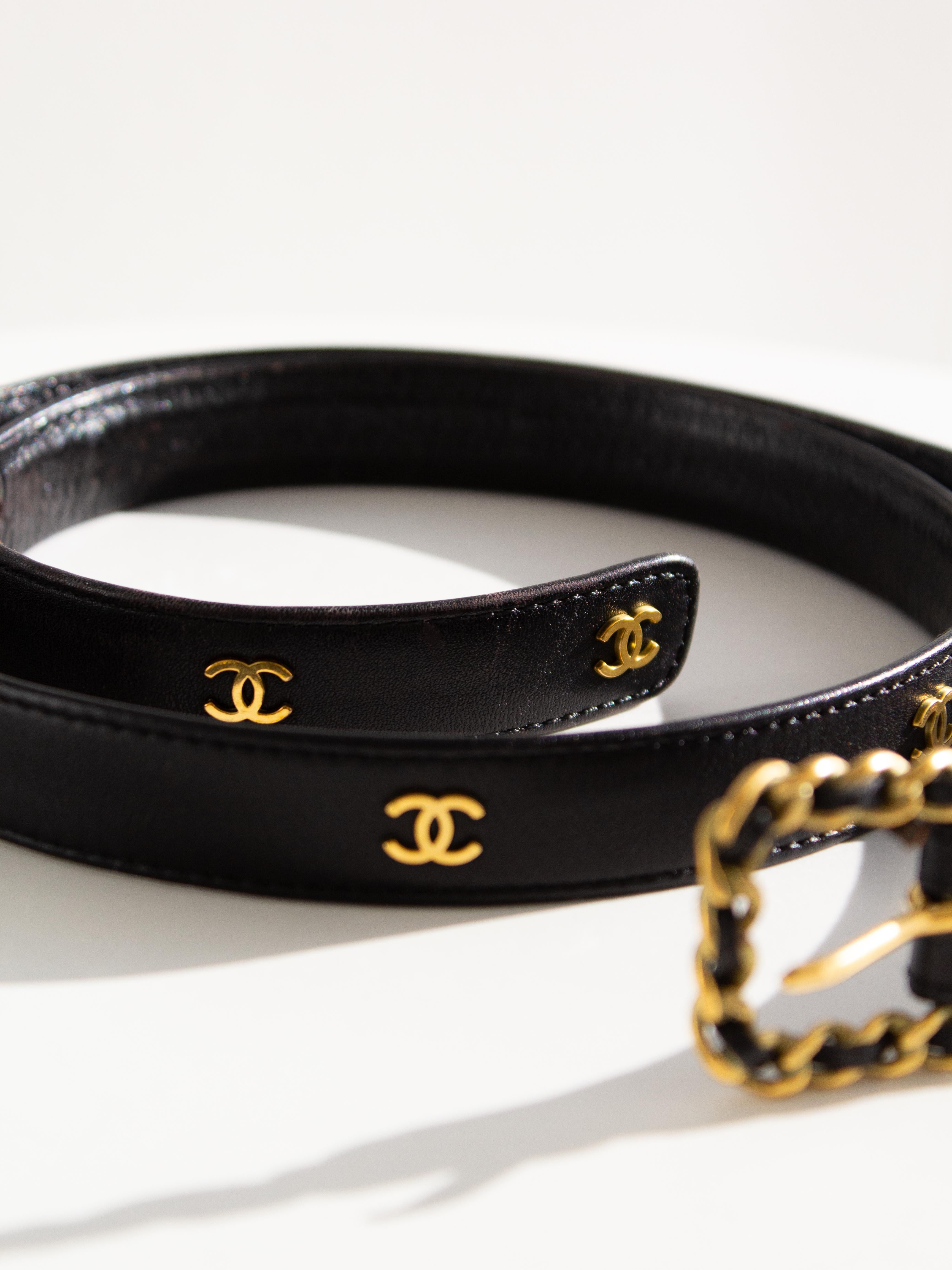 Chanel Vintage F/W 1994 Black Gold CC Logo Chain Buckle 94A Leather Belt 85/34 1