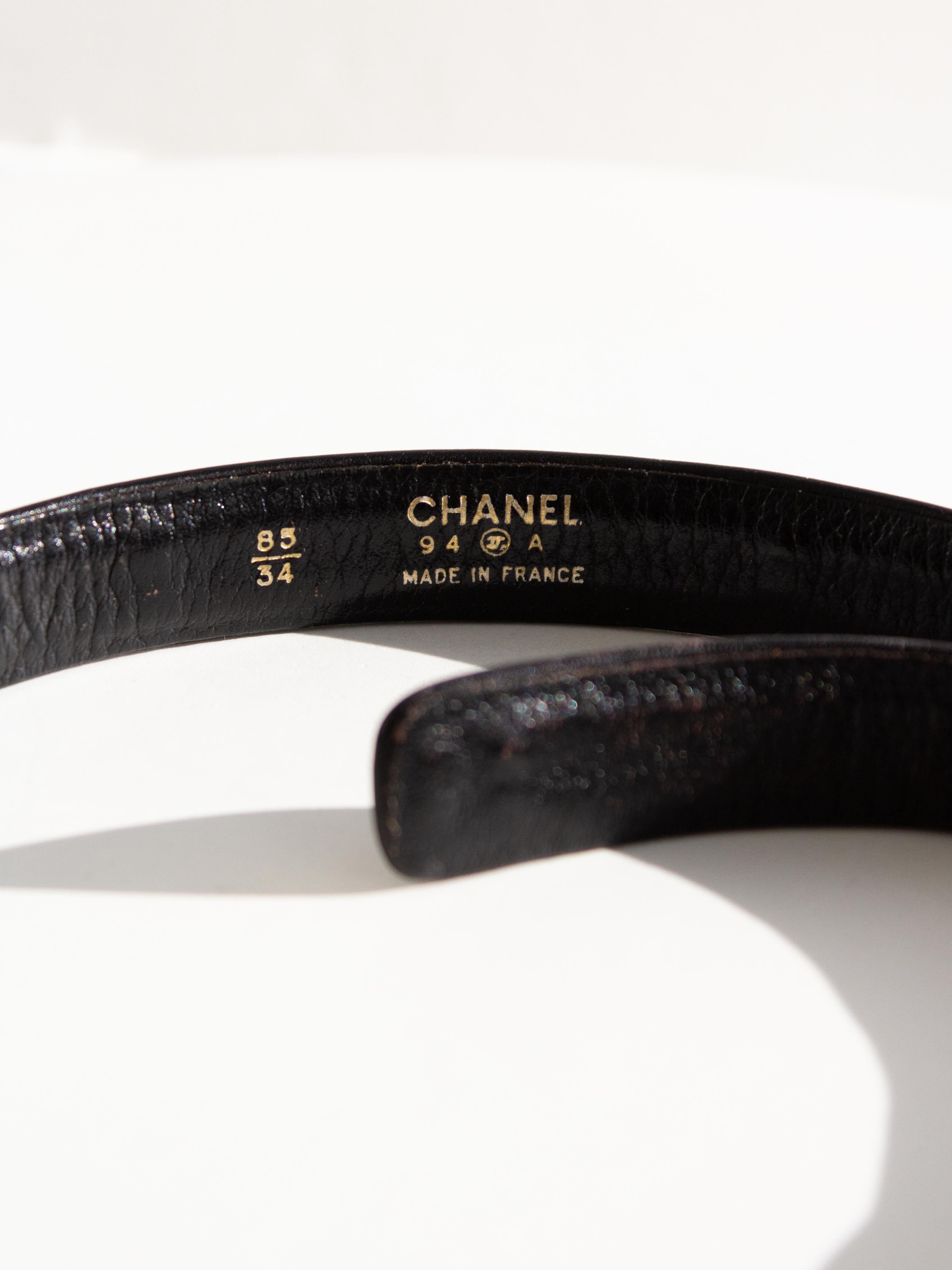 Chanel Vintage F/W 1994 Black Gold CC Logo Chain Buckle 94A Leather Belt 85/34 2