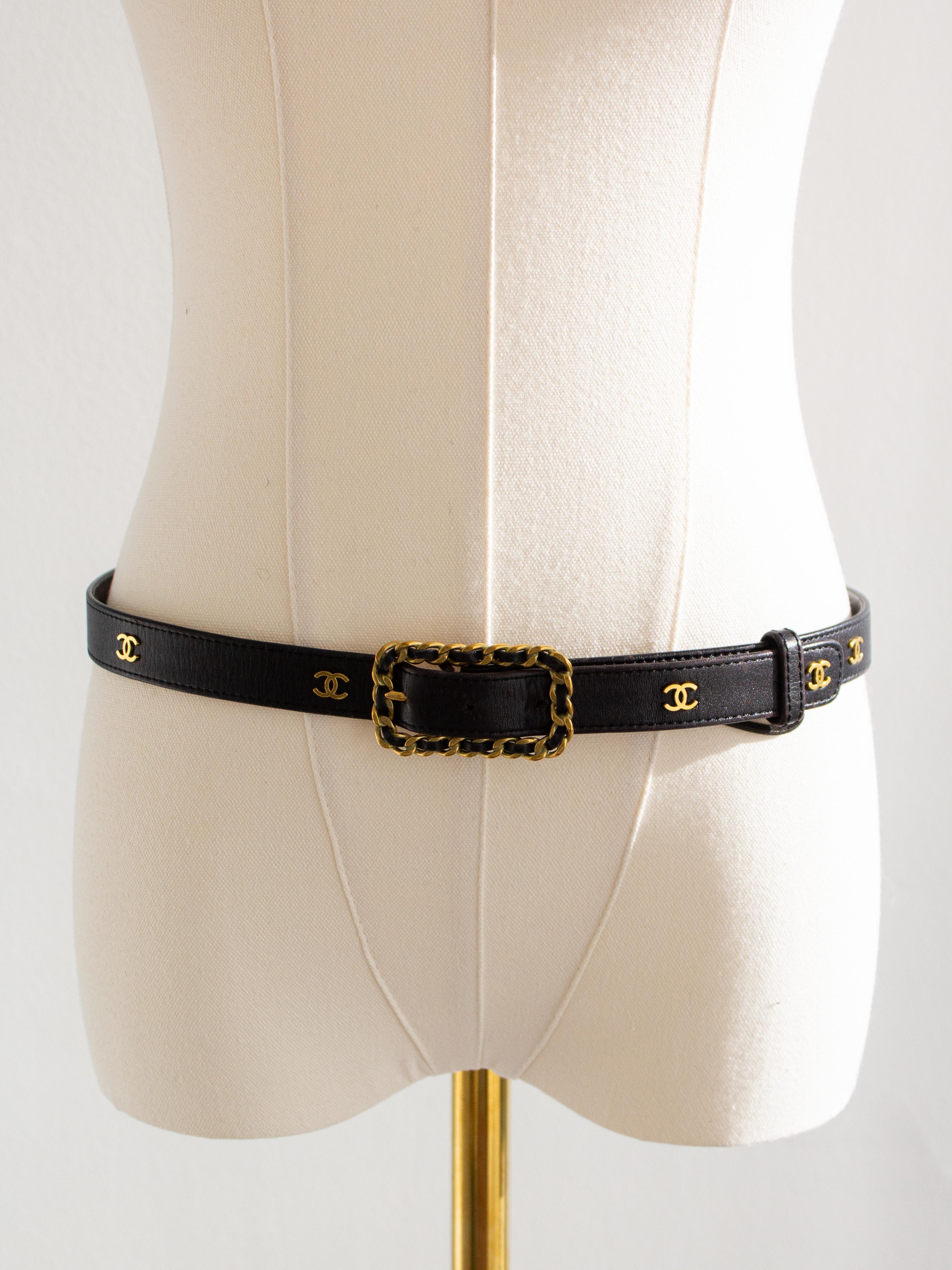 Chanel Vintage F/W 1994 Black Gold CC Logo Chain Buckle 94A Leather Belt 85/34 5