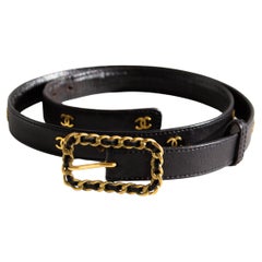 Chanel Vintage F/W 1994 Black Gold CC Logo Chain Buckle 94A Leather Belt 85/34