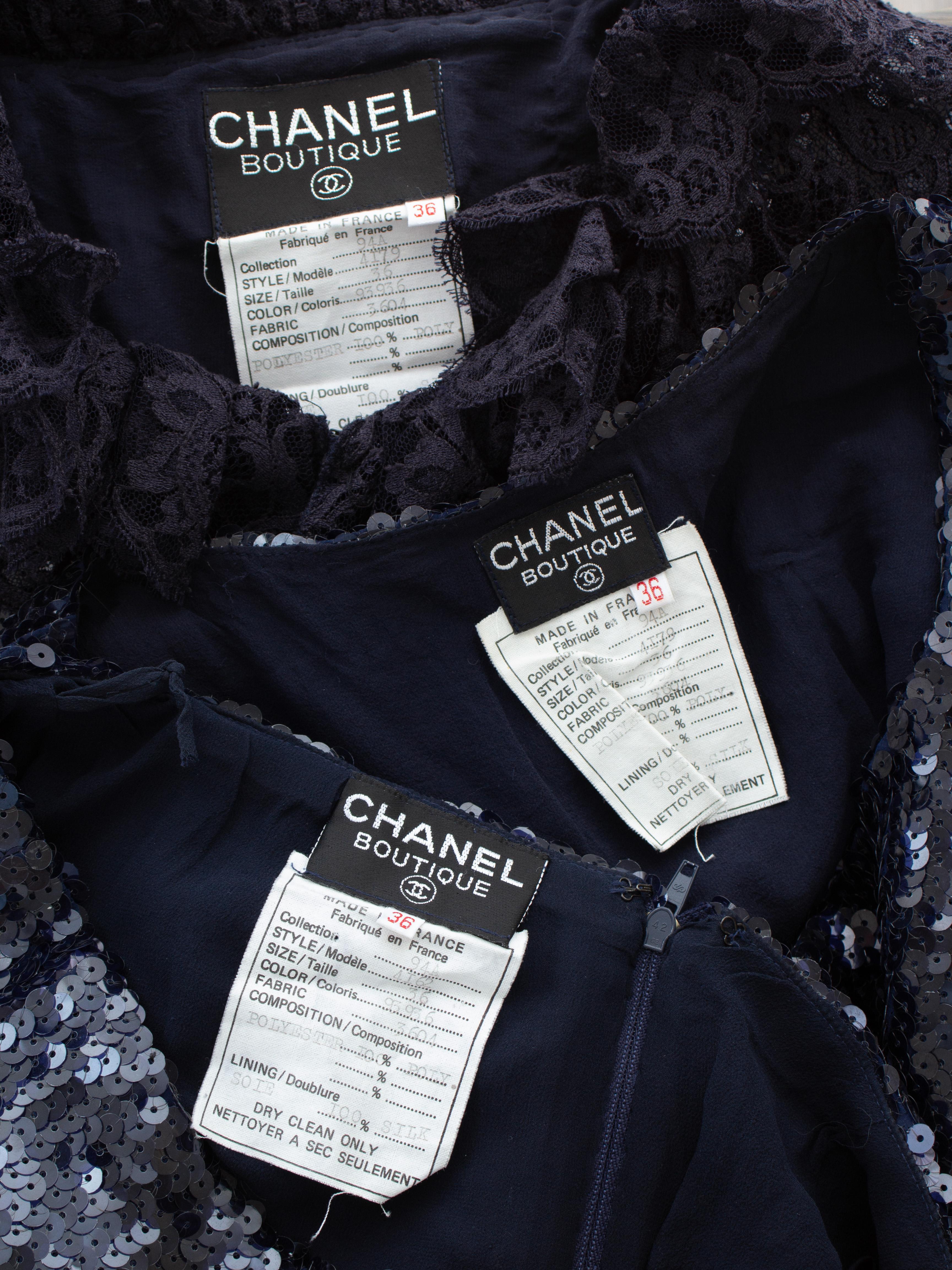 Chanel Vintage A/I 1994 Blu Navy impreziosito da paillettes 3 pezzi 94A Top Giacca Gonna in vendita 11