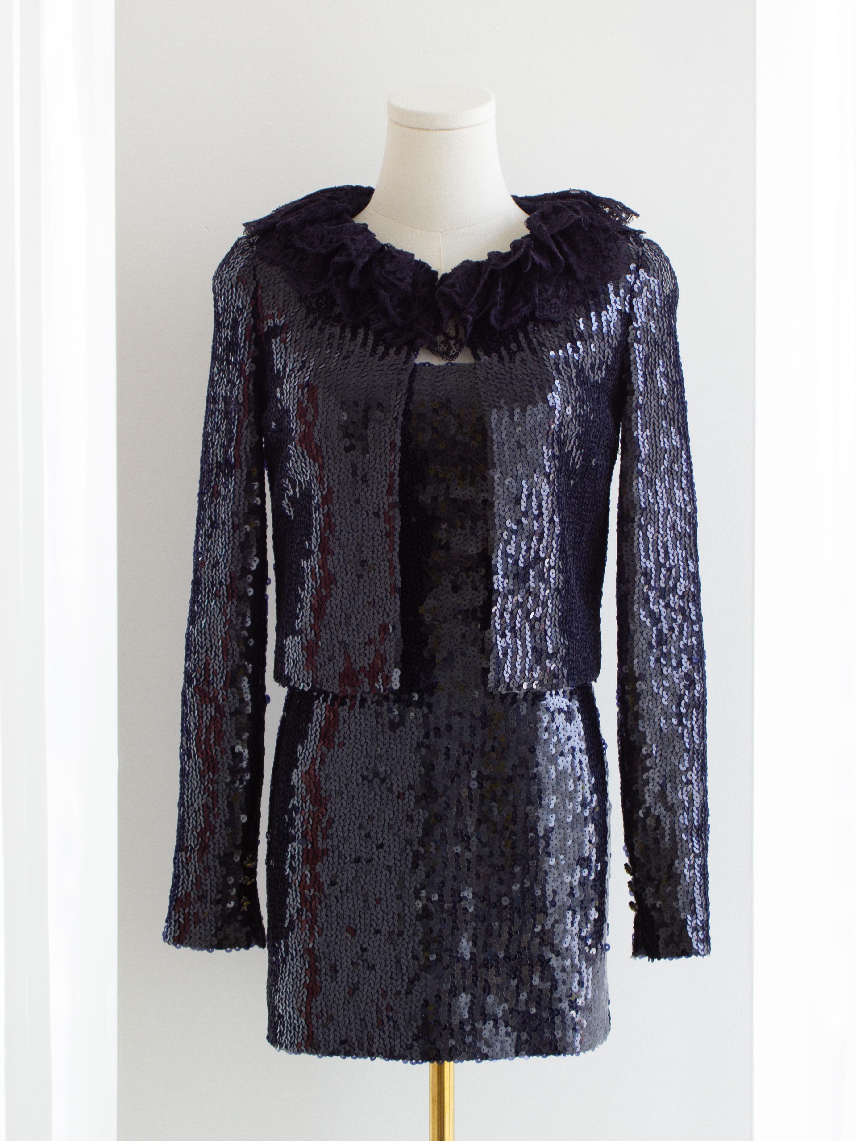 Chanel Vintage A/I 1994 Blu Navy impreziosito da paillettes 3 pezzi 94A Top Giacca Gonna in vendita 3