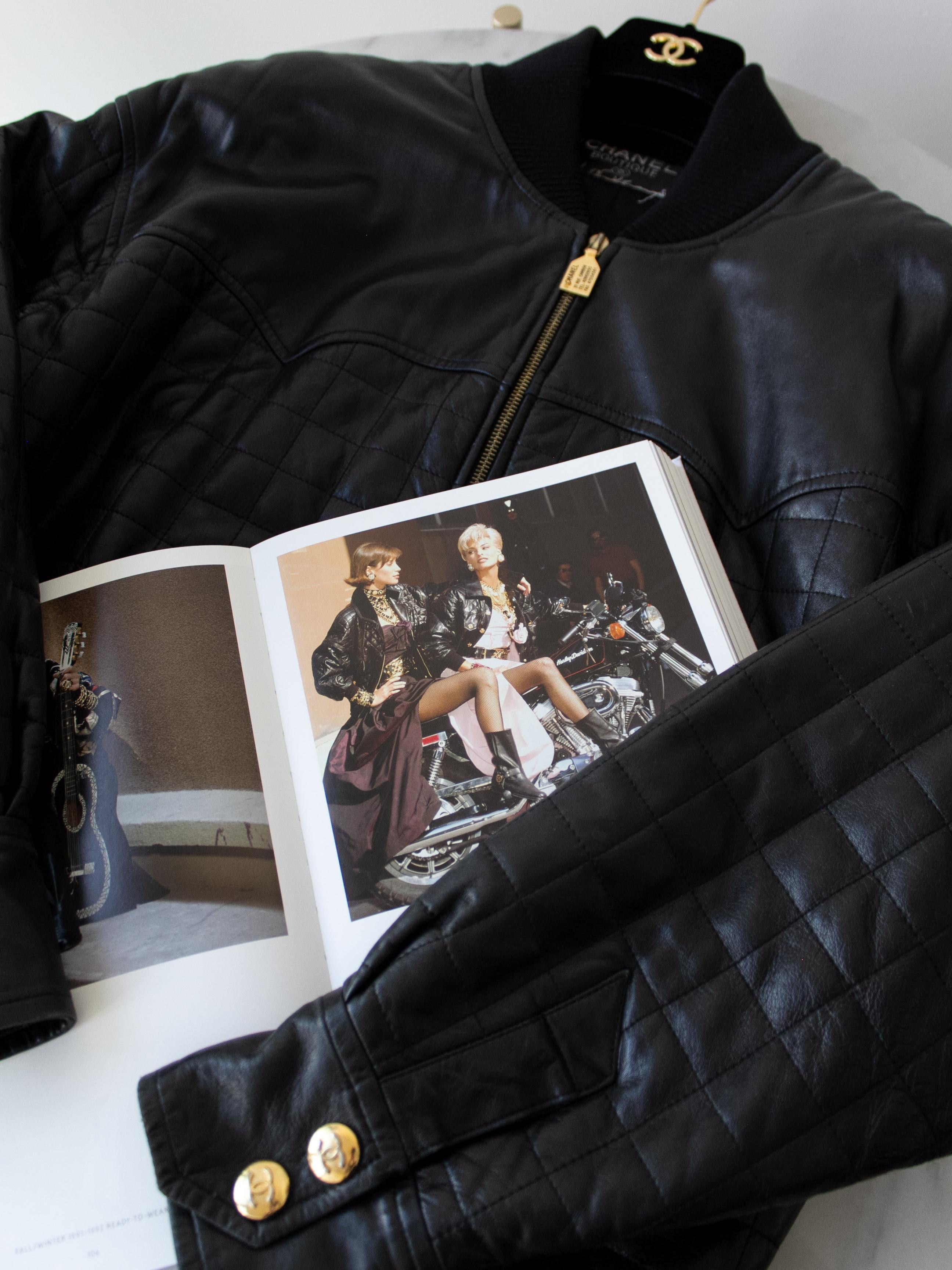 Chanel Vintage Fall 1991 Hip-Hop Black Gold Quilted Leather Moto Biker Jacket 6