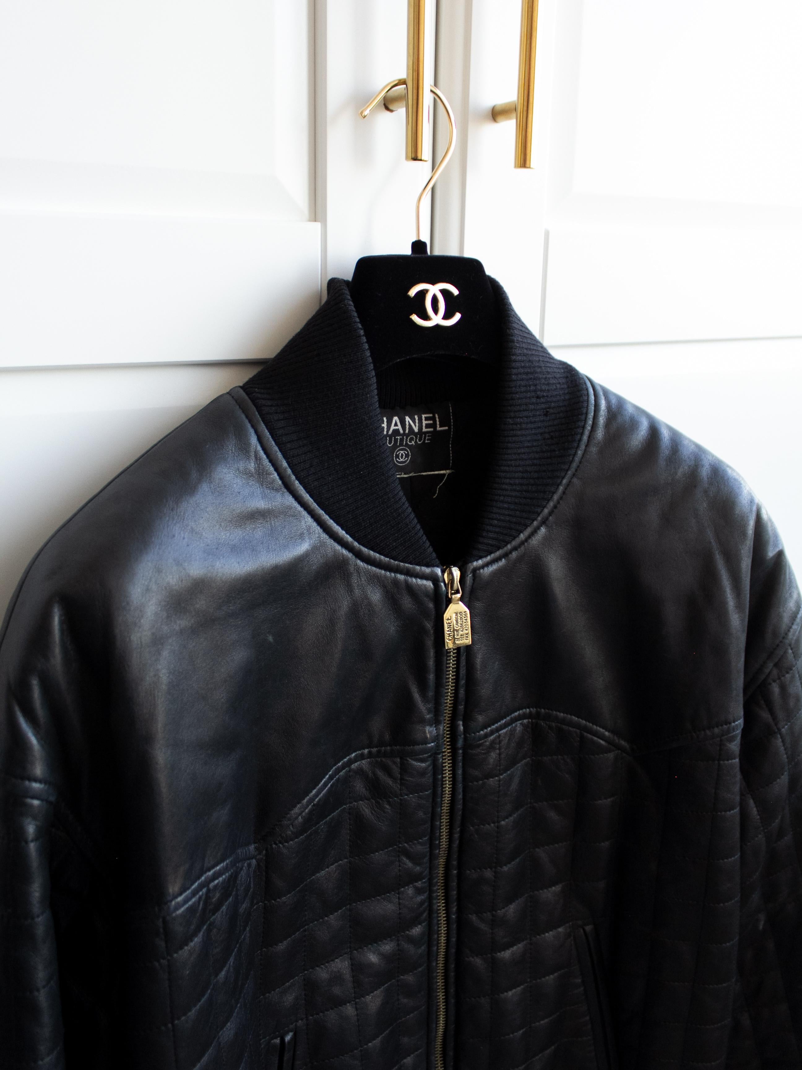 Chanel Vintage Fall 1991 Hip-Hop Black Gold Quilted Leather Moto Biker Jacket 2
