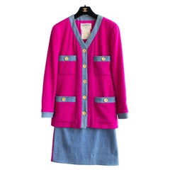 Chanel Vintage Fall 1991 Hip-Hop Pink Blue Denim Jacket Mini Skirt Suit