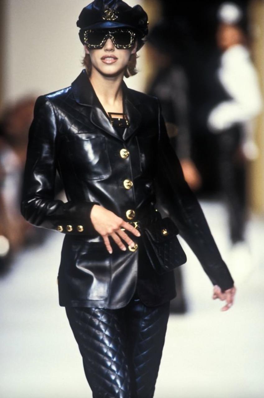 Chanel Vintage Fall 1992 Black Quilted Gold CC Leather Jacket 10