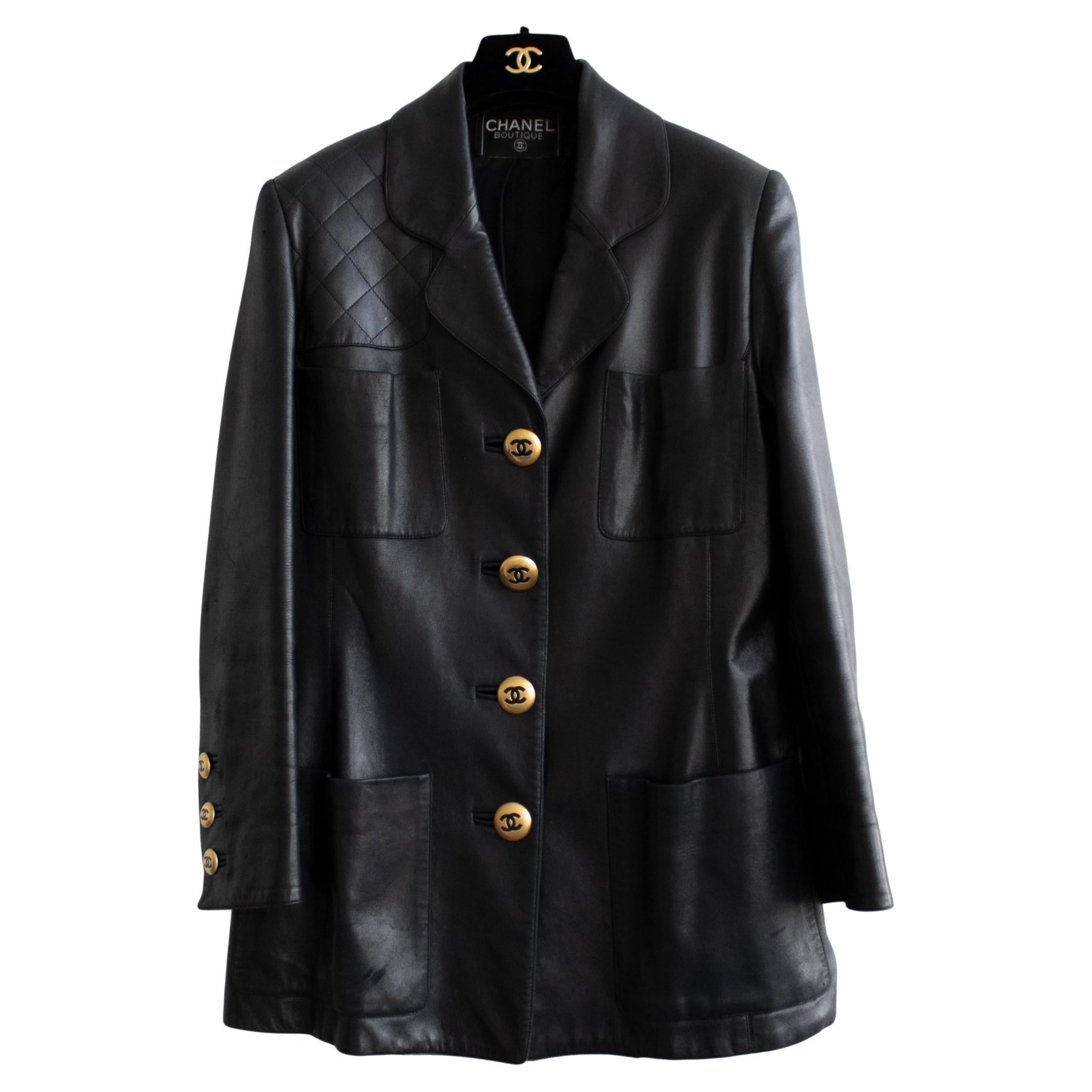 Chanel Vintage Fall 1992 Black Quilted Gold CC Leather Jacket