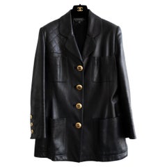 Chanel Vintage Fall 1992 Black Quilted Gold CC Leather Jacket