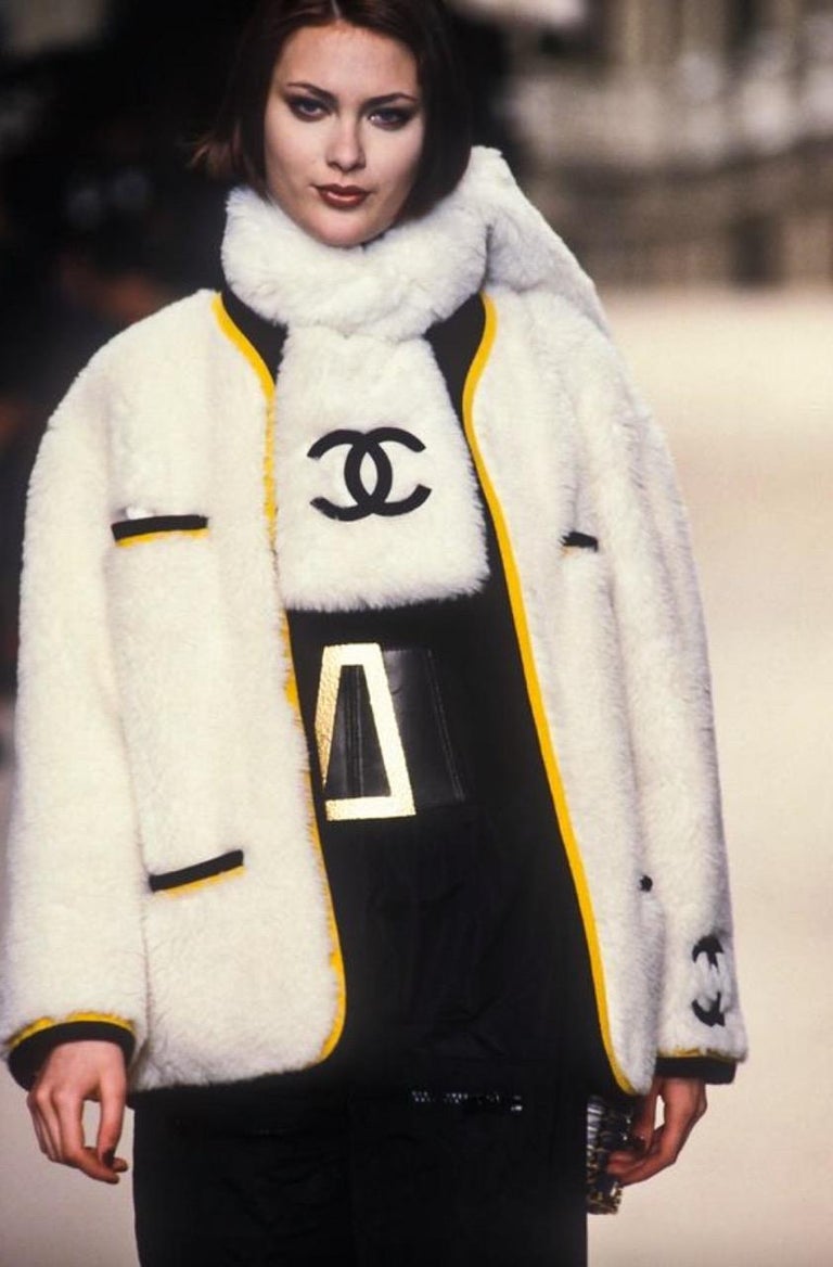 Chanel Vintage Fall 1994 Ivory Black Yellow Logo 94A Alpaca Fur Jacket