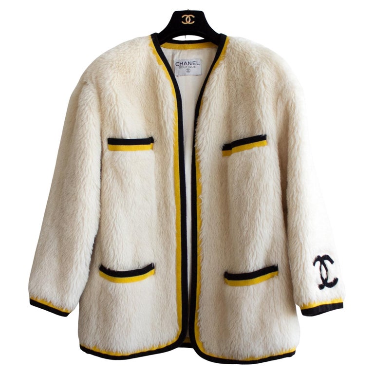 Chanel Vintage Fall 1994 Ivory Black Yellow Logo 94A Alpaca Fur