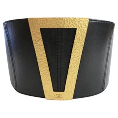 Chanel Vintage Fall 1994 Trapezoid Buckle Black Leather Corset Belt