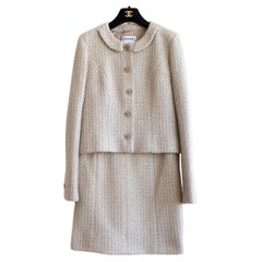 Chanel Vintage Fall 2002 Beige Green Tweed 02A Jacket Skirt Suit