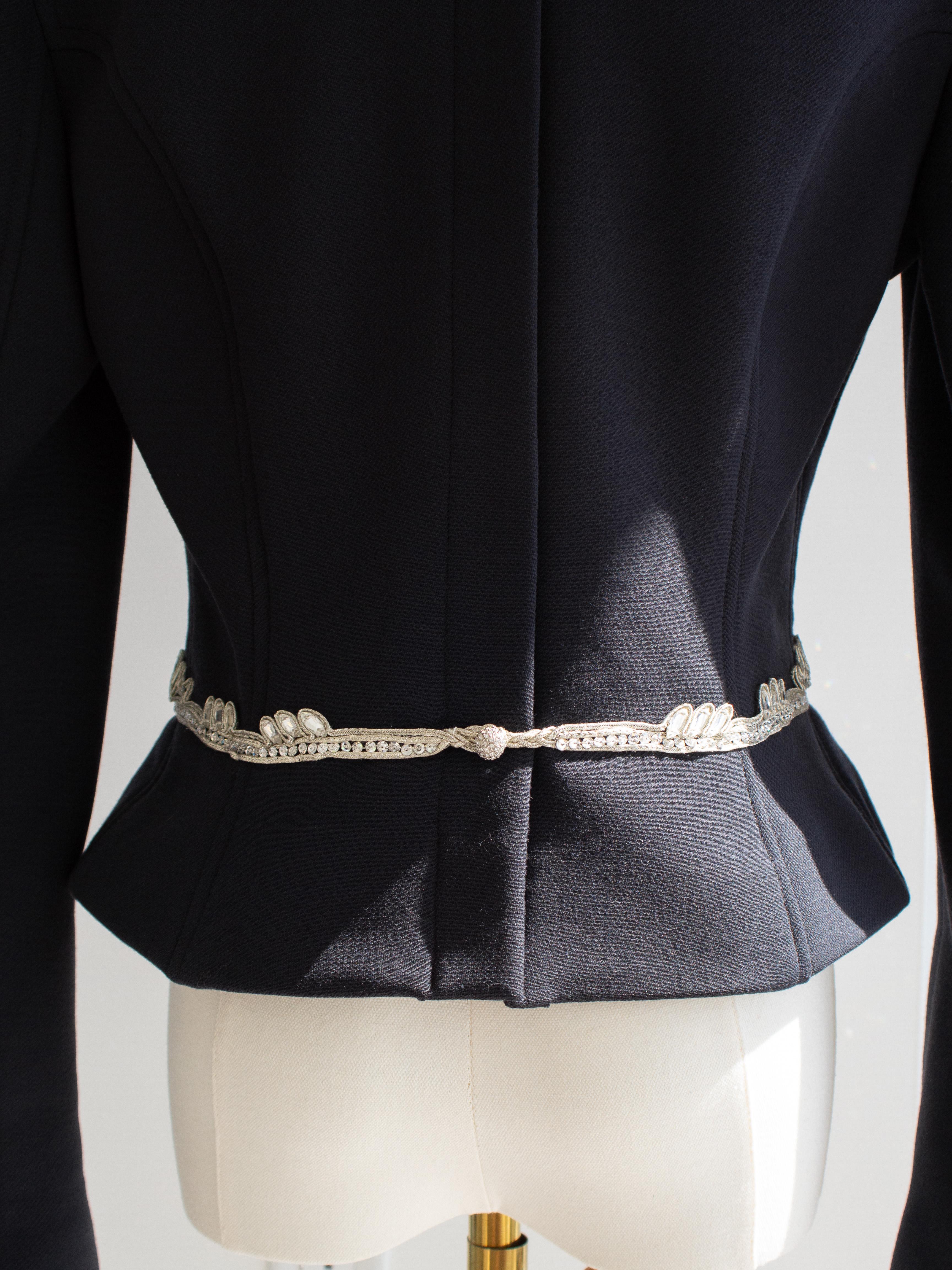 Chanel Vintage Fall 2002 Navy Blue Embellished Silver Crystal 02A Top Jacket For Sale 6