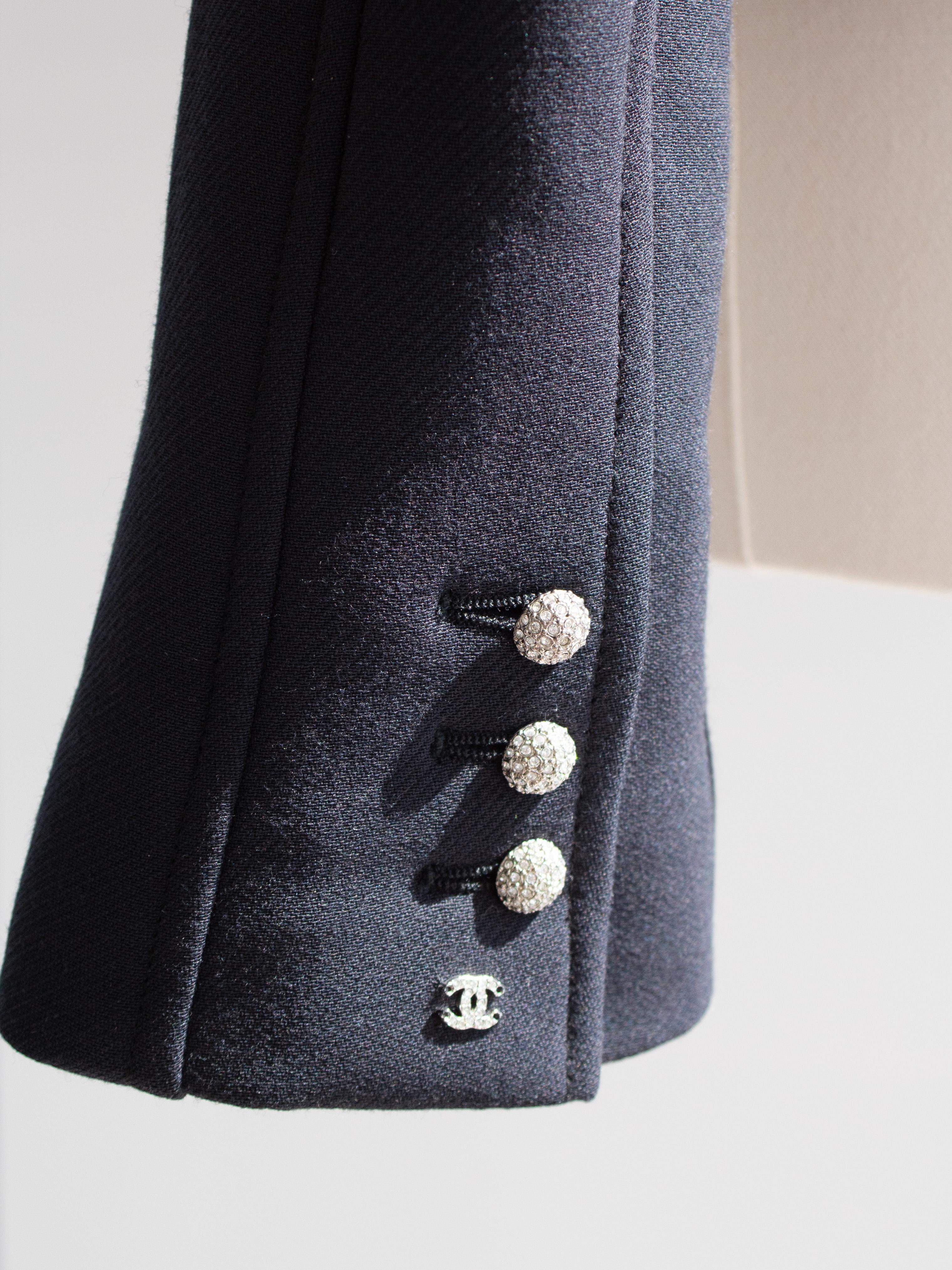 Chanel Vintage Fall 2002 Navy Blue Embellished Silver Crystal 02A Top Jacket For Sale 7