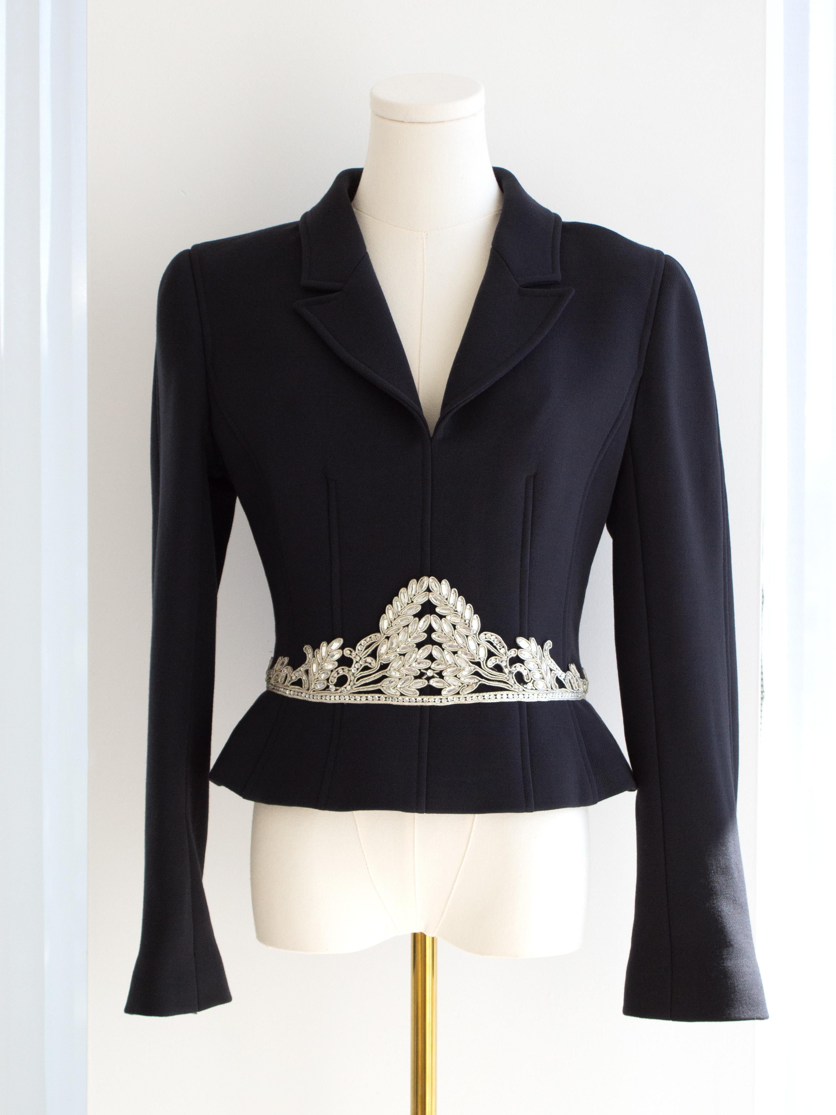 Black Chanel Vintage Fall 2002 Navy Blue Embellished Silver Crystal 02A Top Jacket For Sale