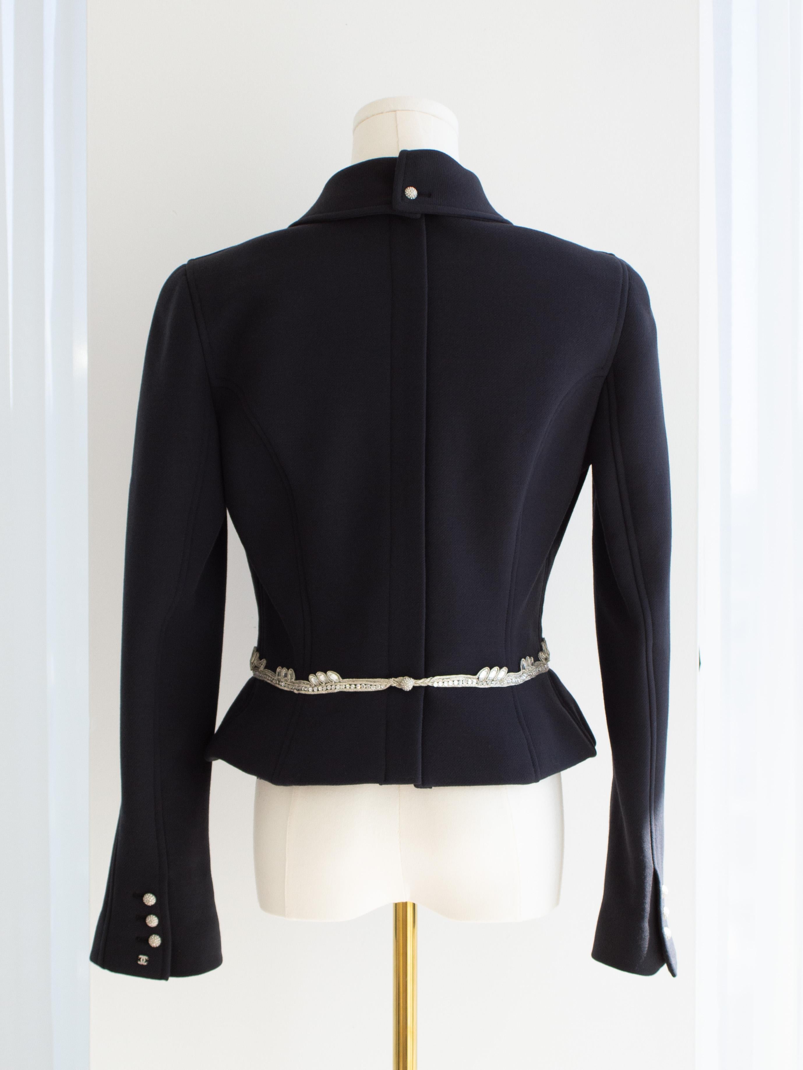 Chanel Vintage Fall 2002 Navy Blue Embellished Silver Crystal 02A Top Jacket In Excellent Condition For Sale In Jersey City, NJ