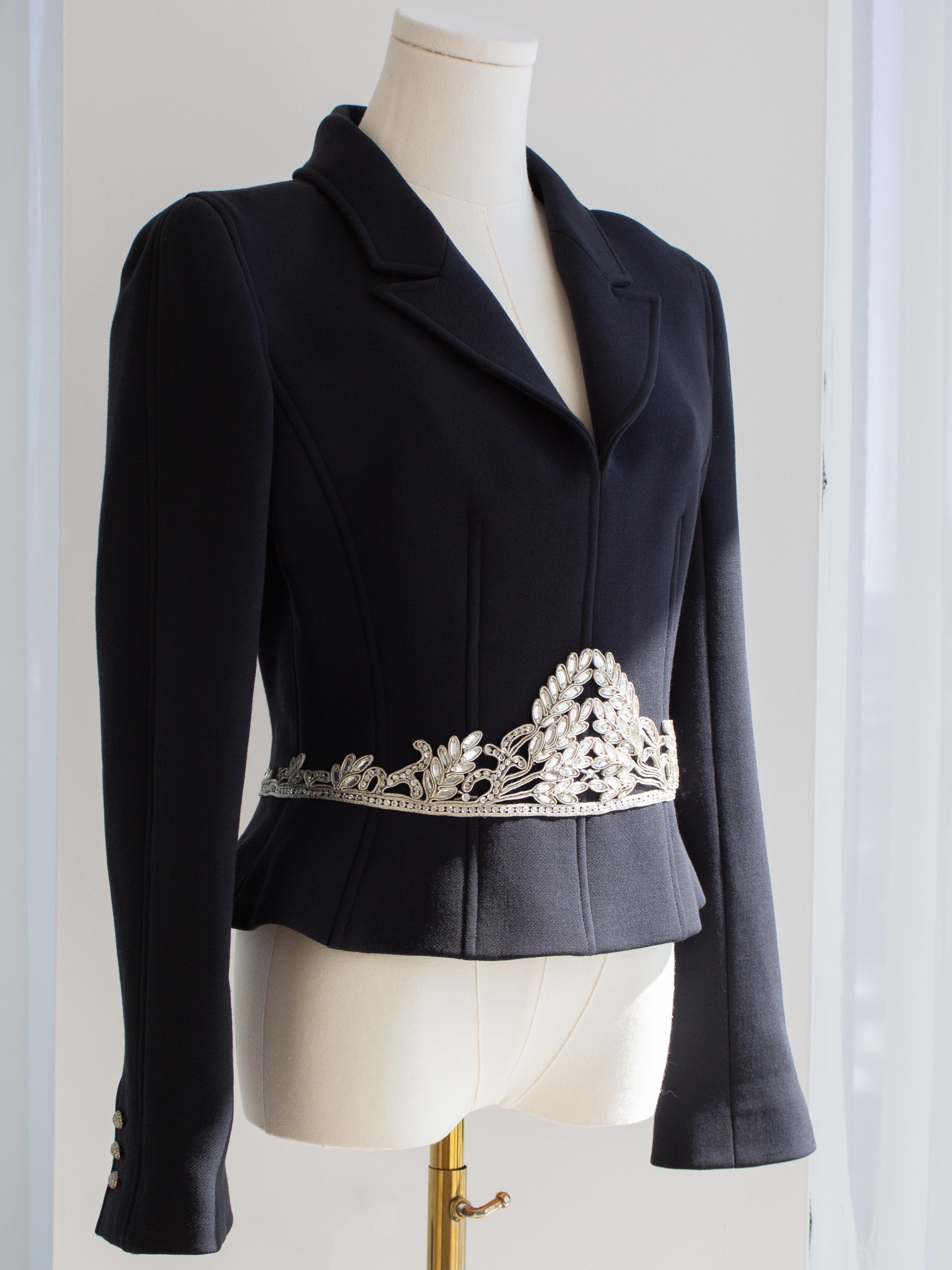 Women's Chanel Vintage Fall 2002 Navy Blue Embellished Silver Crystal 02A Top Jacket For Sale