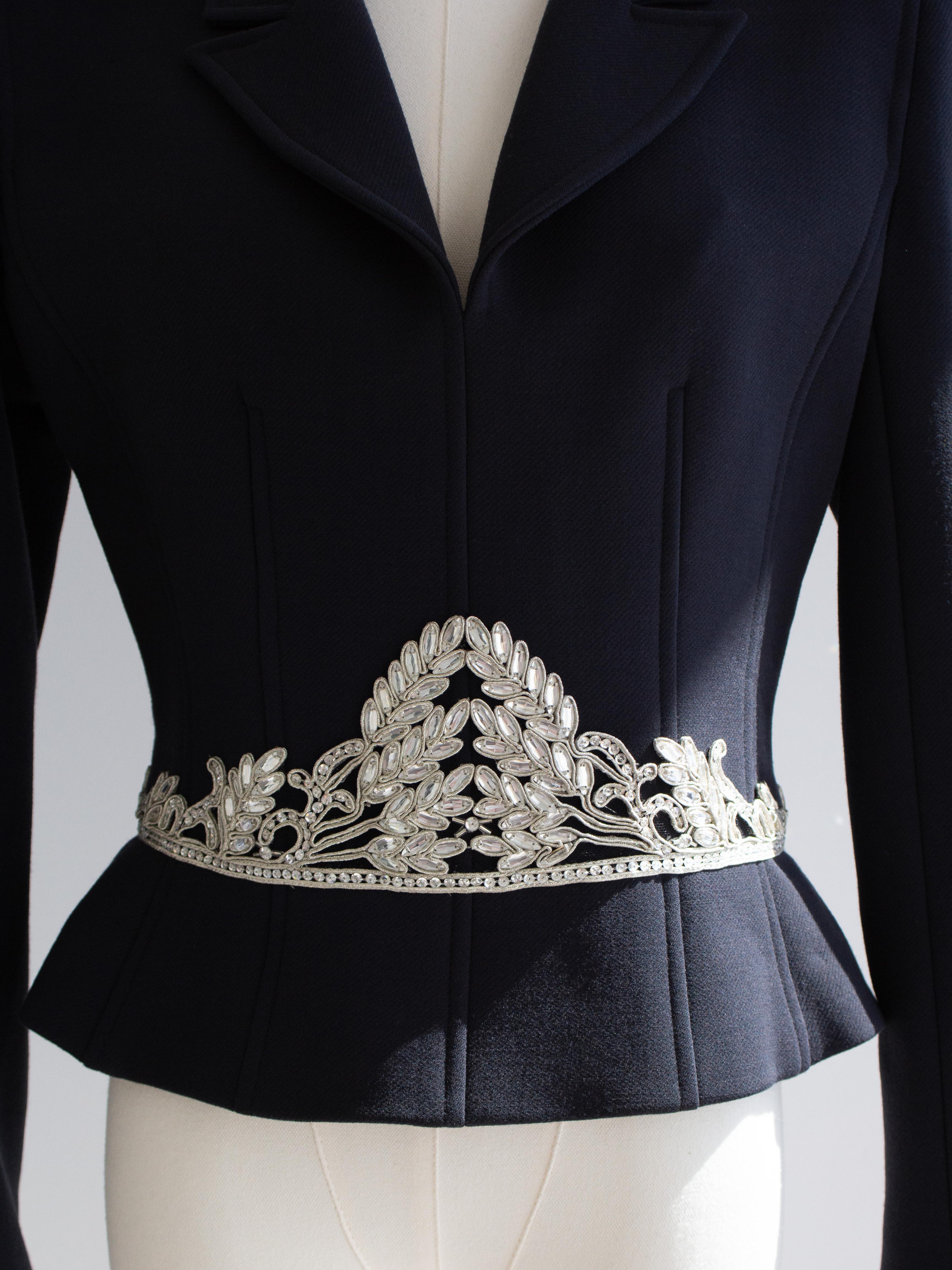 Chanel Vintage Fall 2002 Navy Blue Embellished Silver Crystal 02A Top Jacket For Sale 2