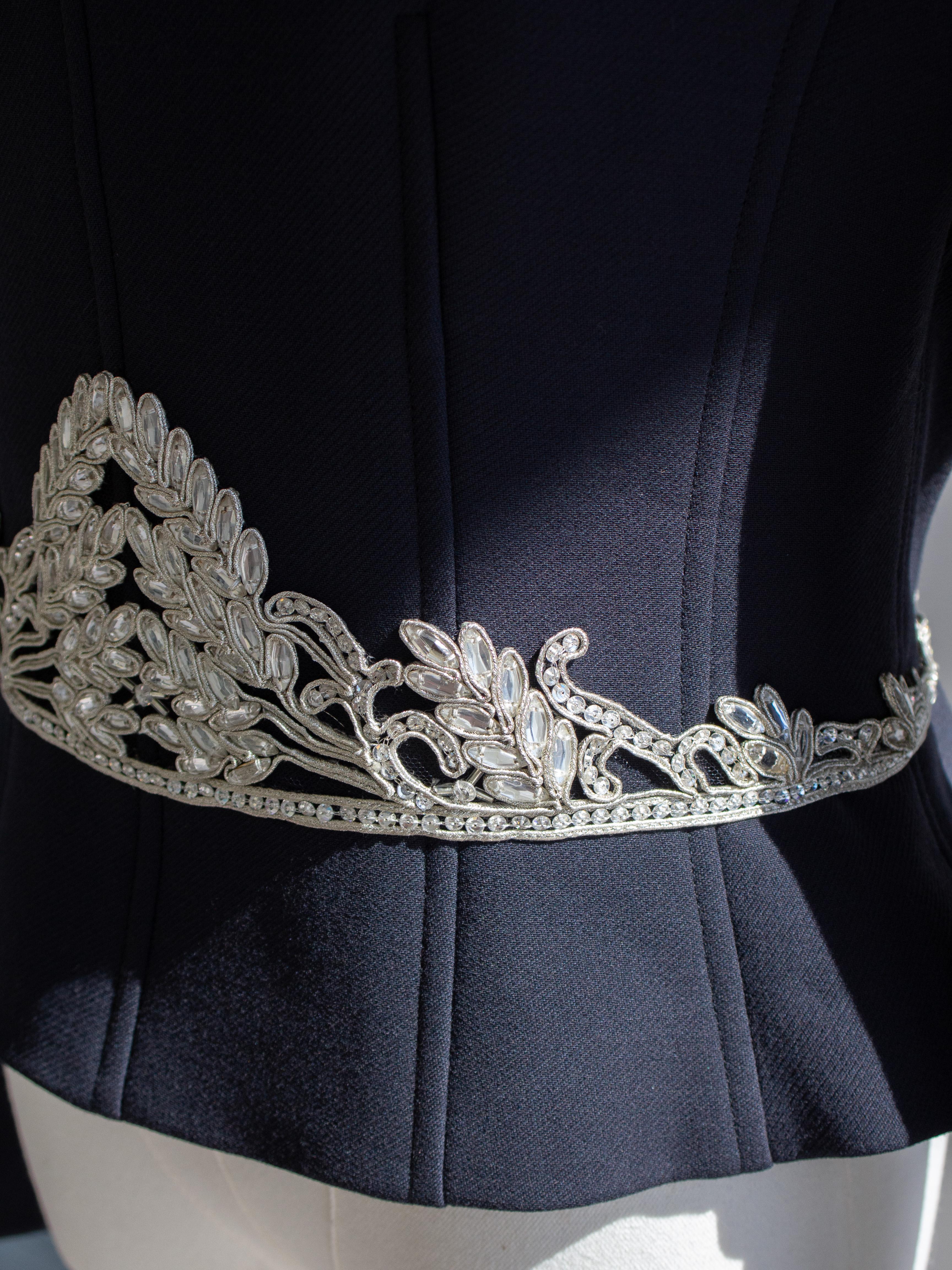 Chanel Vintage Fall 2002 Navy Blue Embellished Silver Crystal 02A Top Jacket For Sale 3