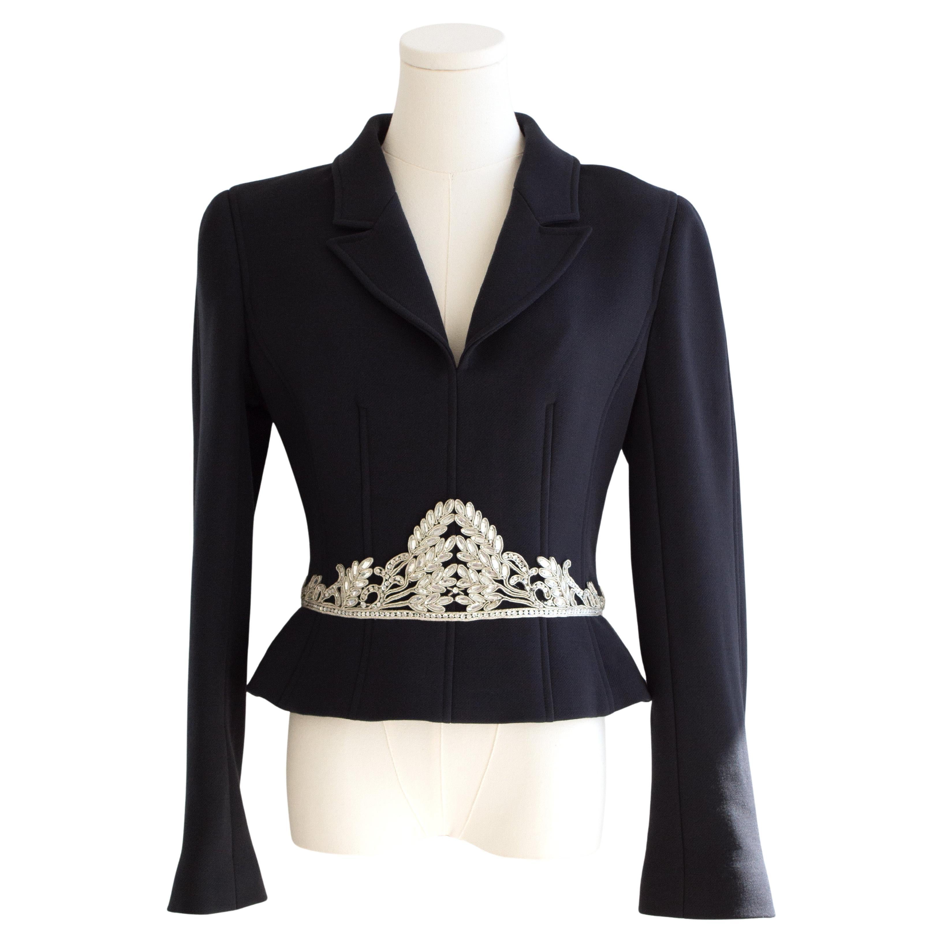 Chanel Vintage Fall 2002 Navy Blue Embellished Silver Crystal 02A Top Jacket For Sale