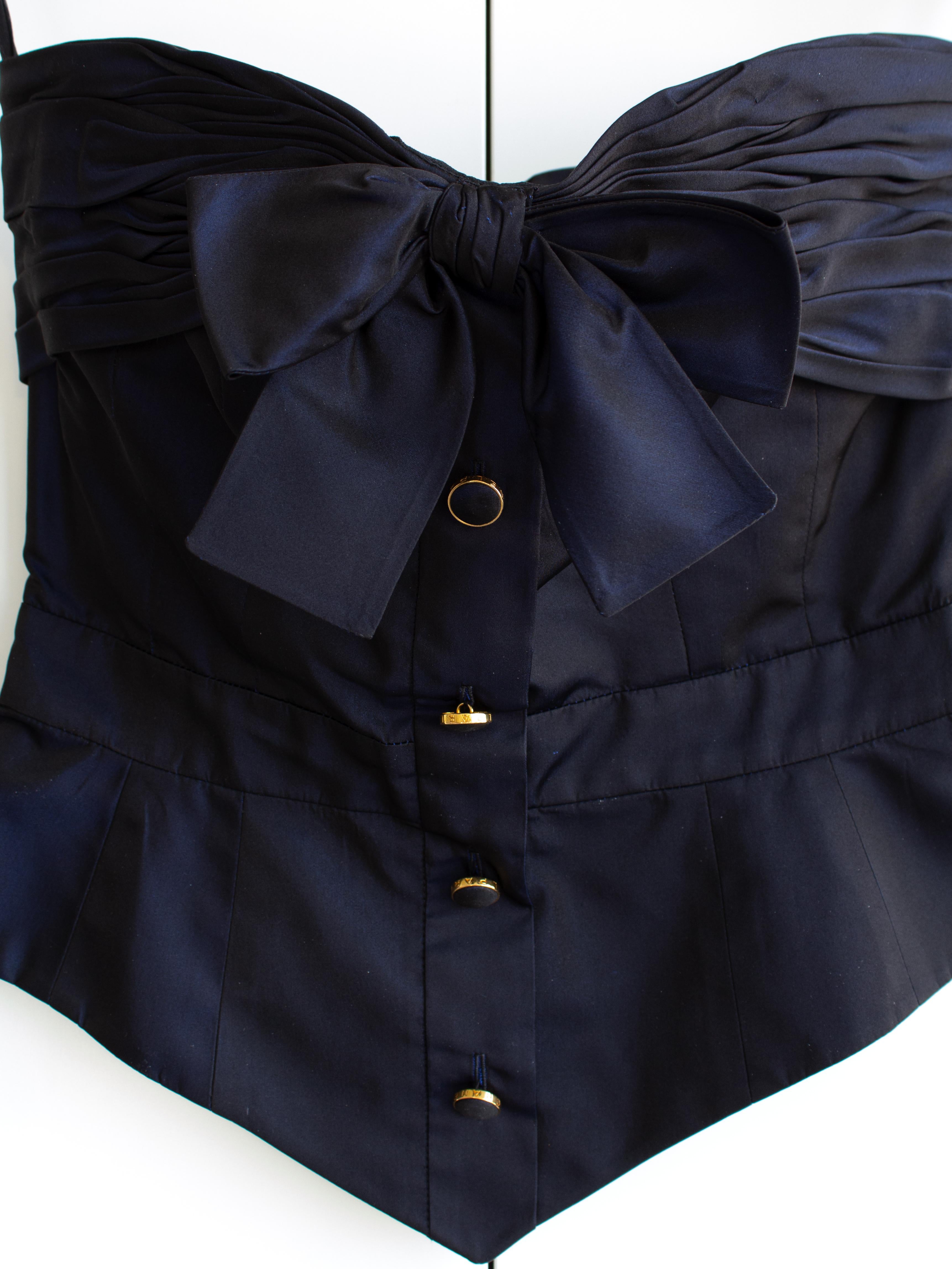 Women's Chanel Vintage Fall/Winter 1991 Midnight Blue Bow Taffeta Silk Bustier Top