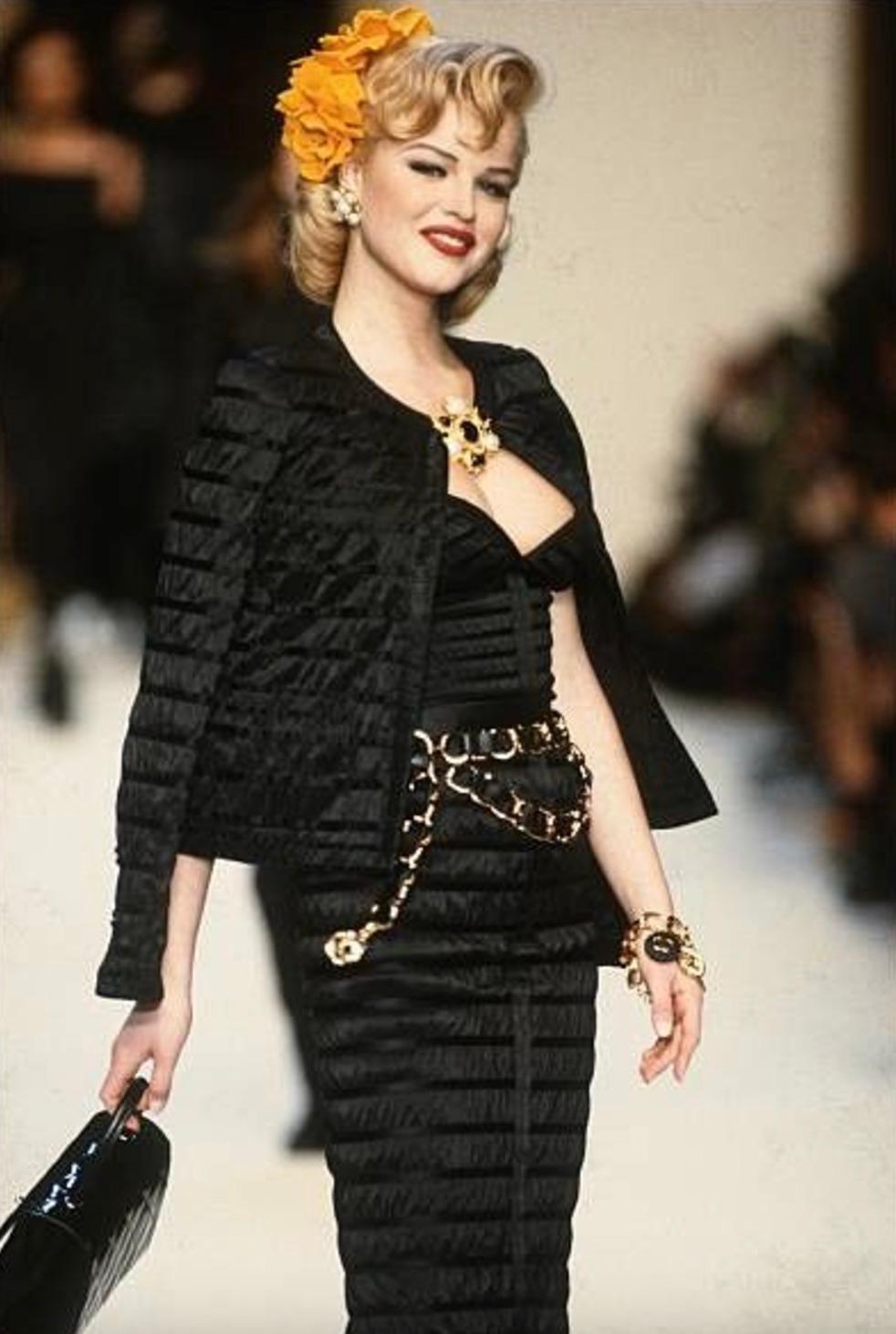 Women's Chanel Vintage Fall/Winter 1992 Black Lesage Ribbon Silk Bodycon Midi Dress For Sale