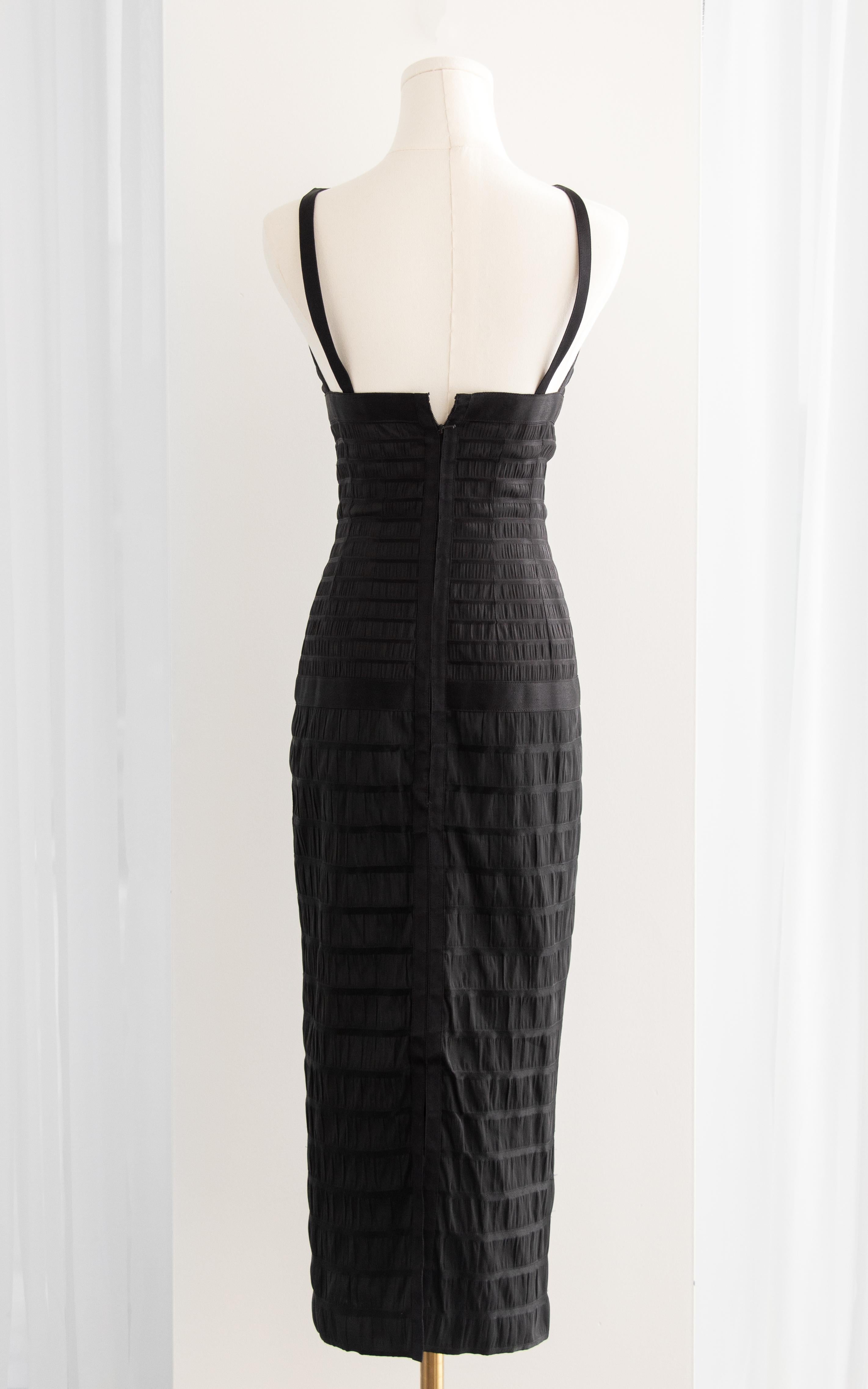 Chanel Vintage Fall/Winter 1992 Black Lesage Ribbon Silk Bodycon Midi Dress For Sale 2