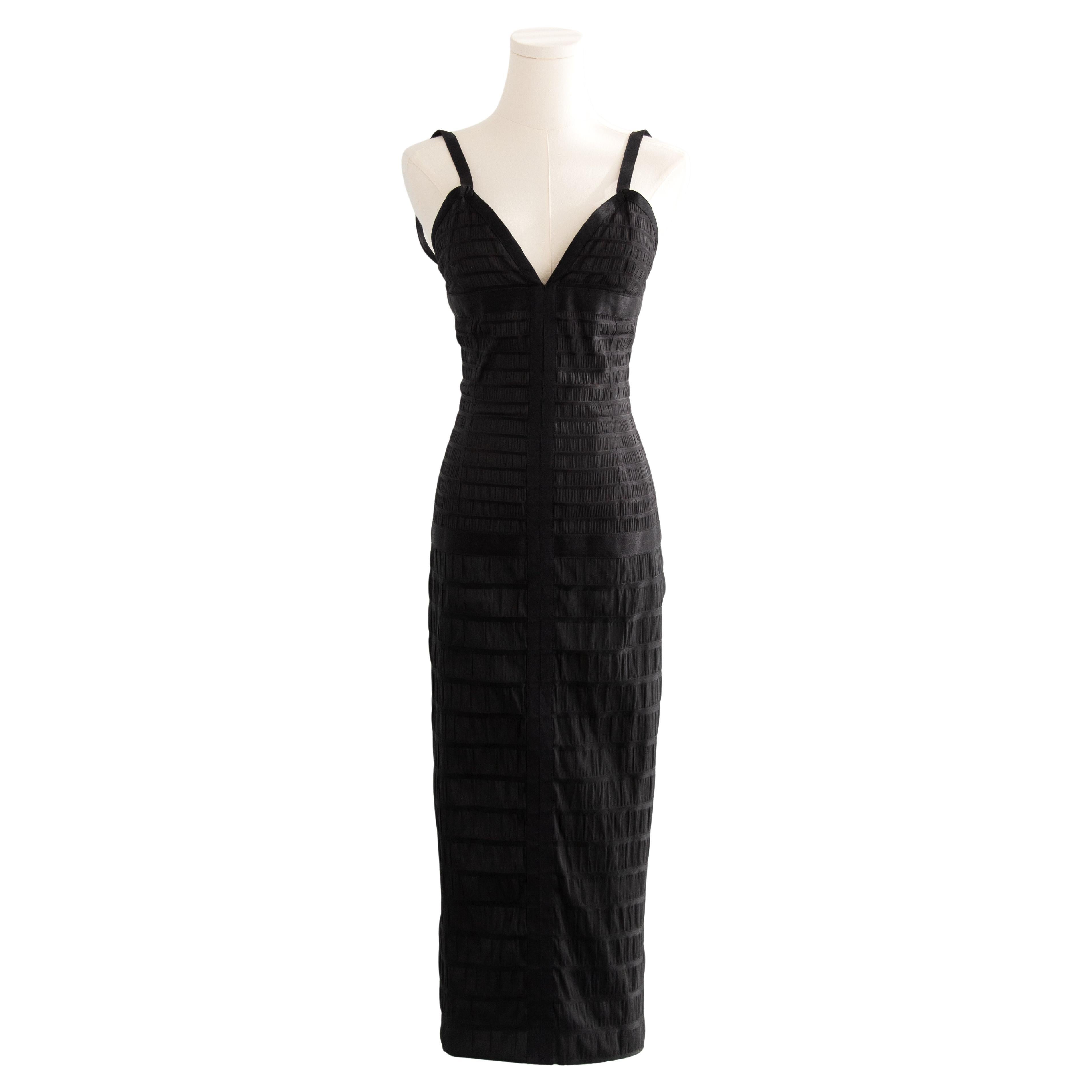 Chanel Vintage Fall/Winter 1992 Black Lesage Ribbon Silk Bodycon Midi Dress For Sale