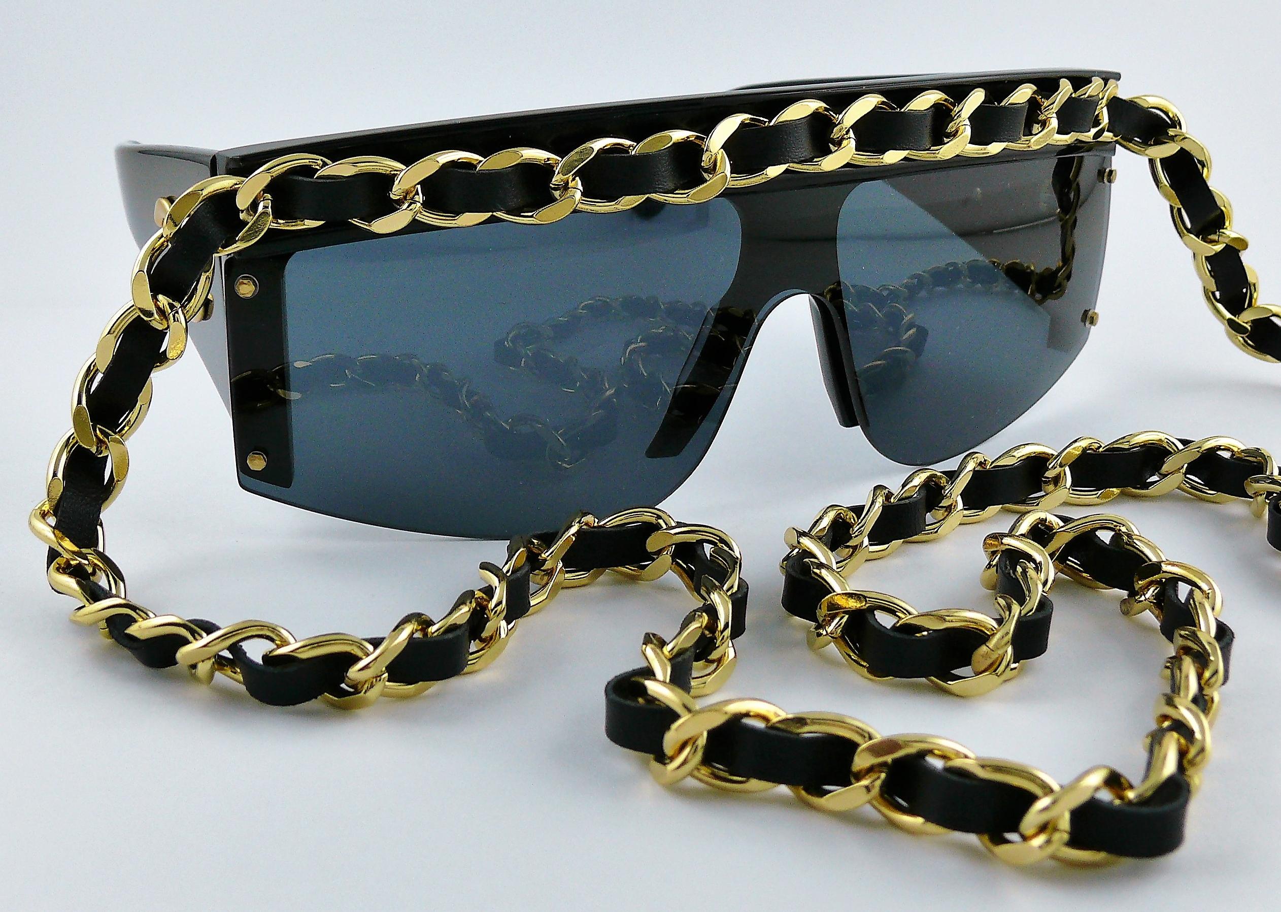 Black Chanel Vintage Fall Winter 1992 Iconic Runway Logo Leather Chain Drop Sunglasses