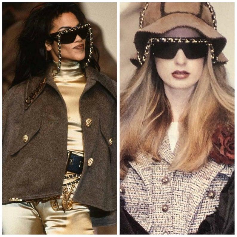 Chanel Vintage Fall Winter 1992 Iconic Runway Logo Leather Chain Drop Sunglasses 3