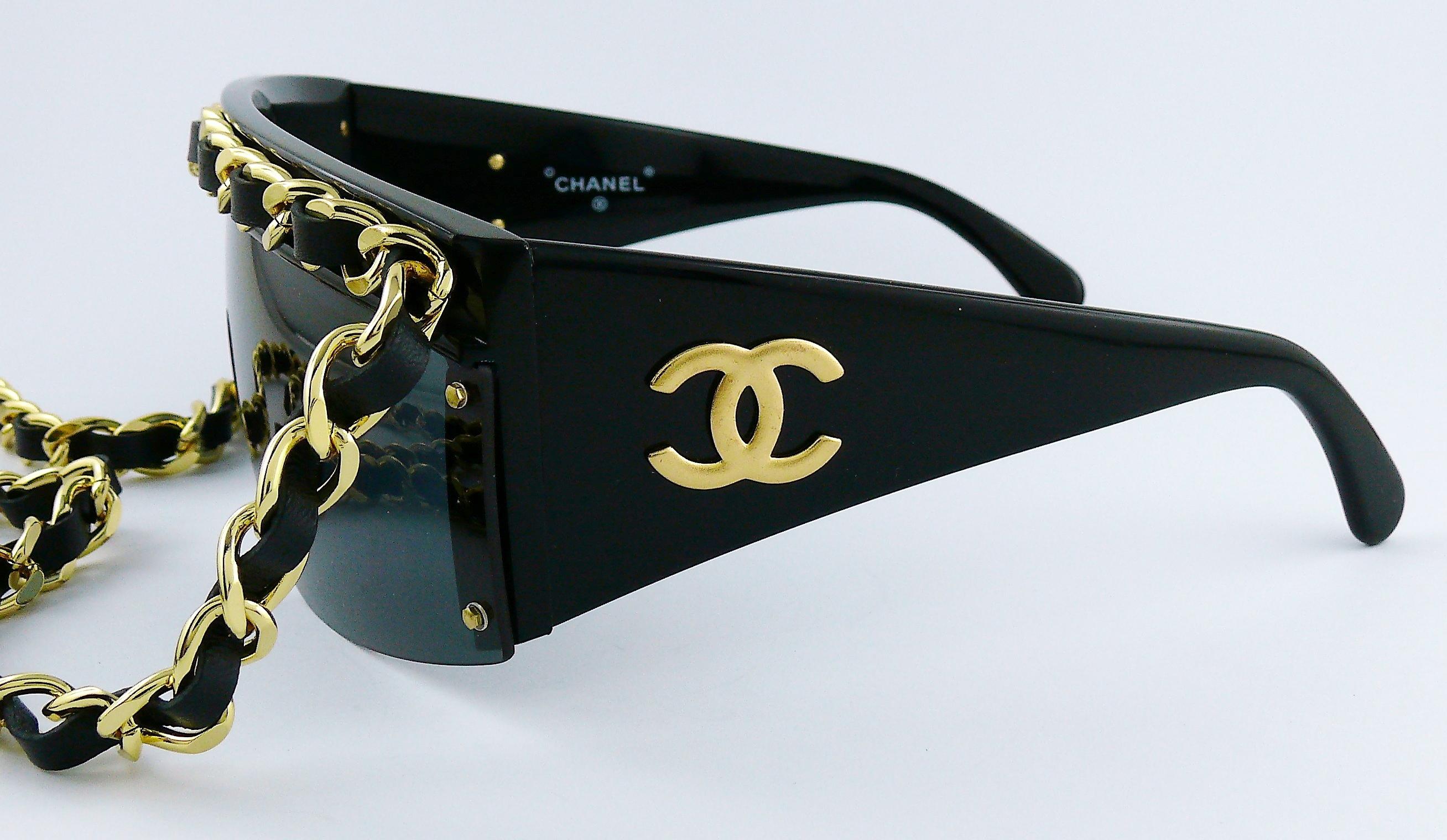 Chanel Vintage Fall Winter 1992 Iconic Runway Logo Leather Chain Drop Sunglasses 4