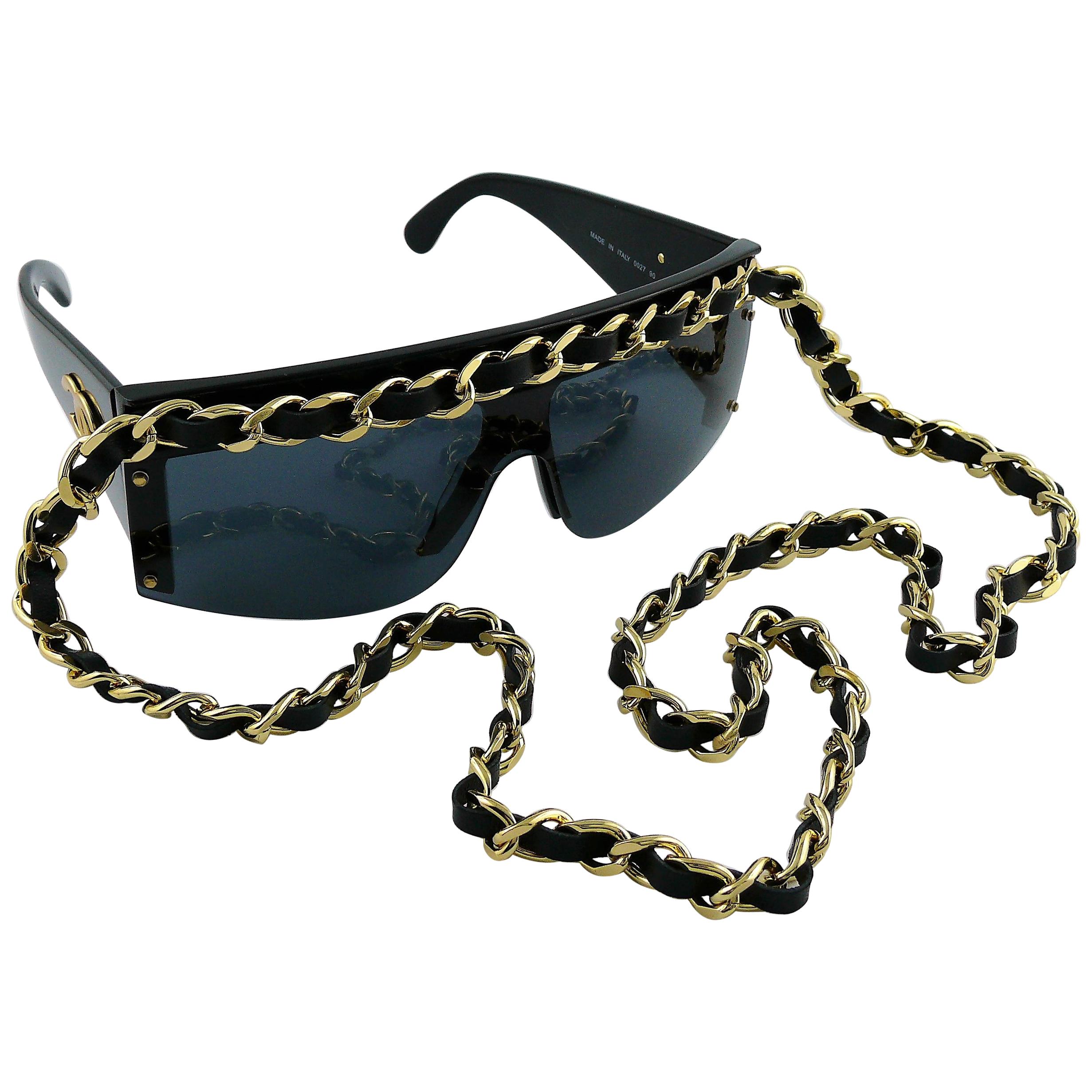 Chanel Vintage Fall Winter 1992 Iconic Runway Logo Leather Chain Drop Sunglasses
