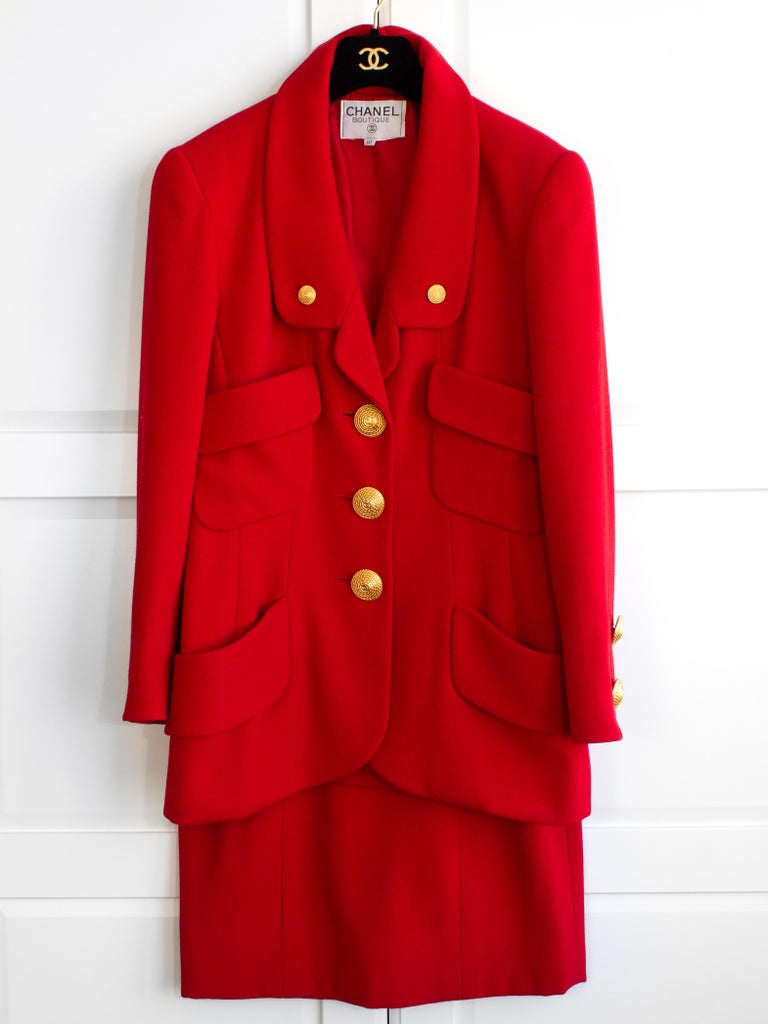 Chanel Red Coat Buttons Skirt Red Chanel Coat Street Style Chanel