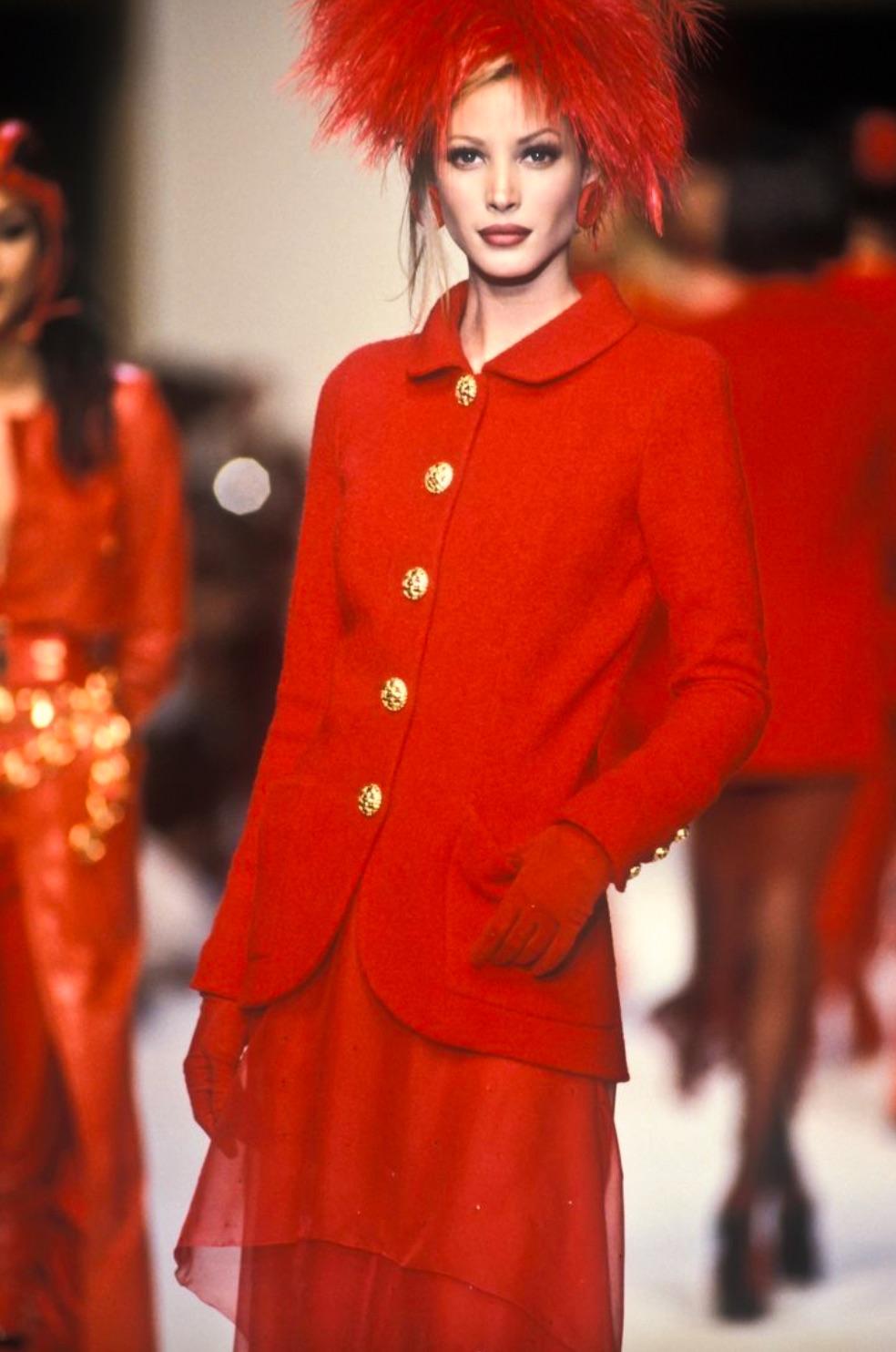 Introducing a rare Chanel jacket from Fall/Winter 1992 collection. This special jacket is a collector's item and was seen on supermodels Christy Turlington and Claudia Schiffer. It is made from a vibrant 