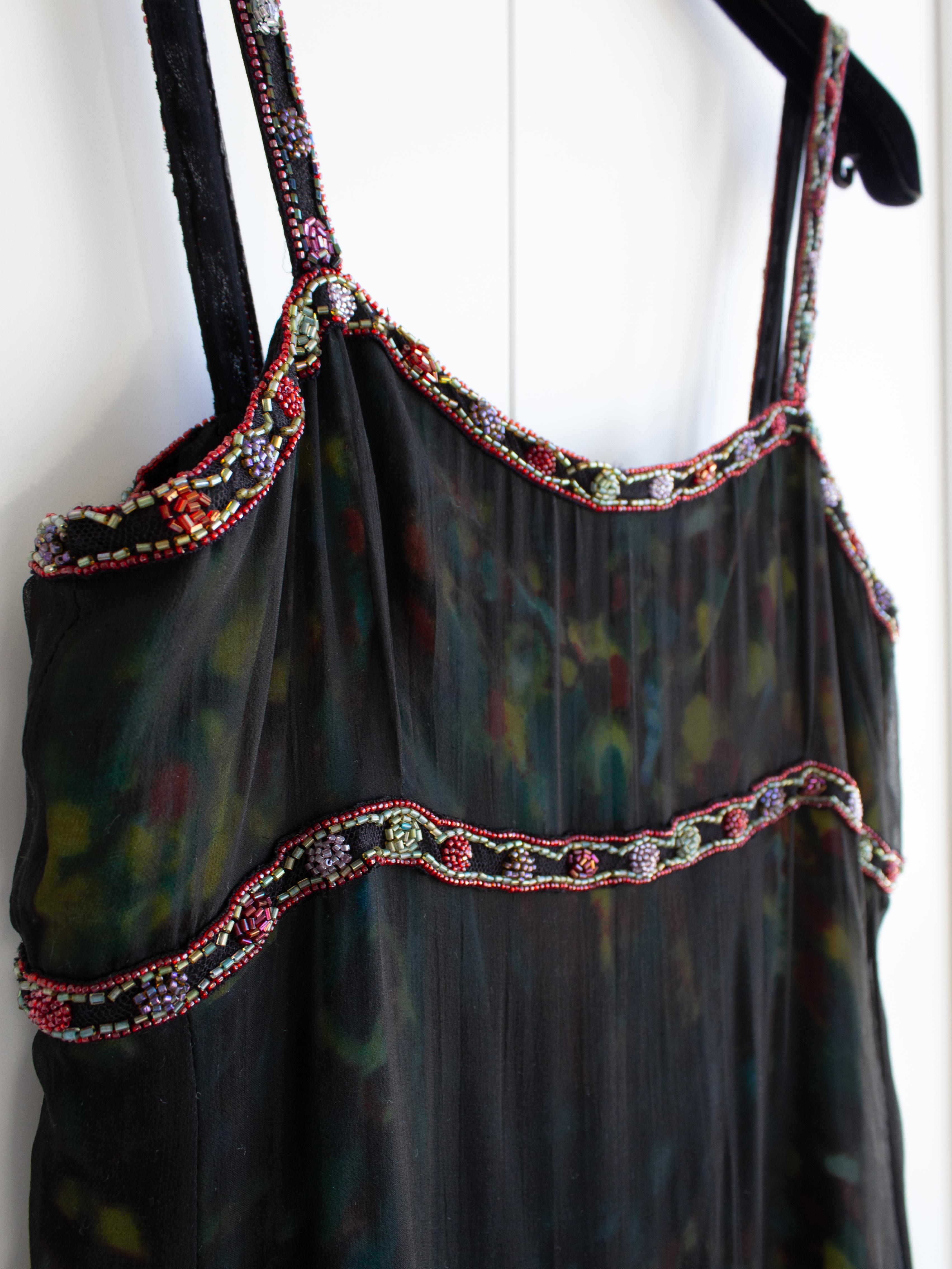 Chanel Vintage Fall/Winter 1997 Black Green Watercolor Beaded 97A Gown Dress For Sale 8