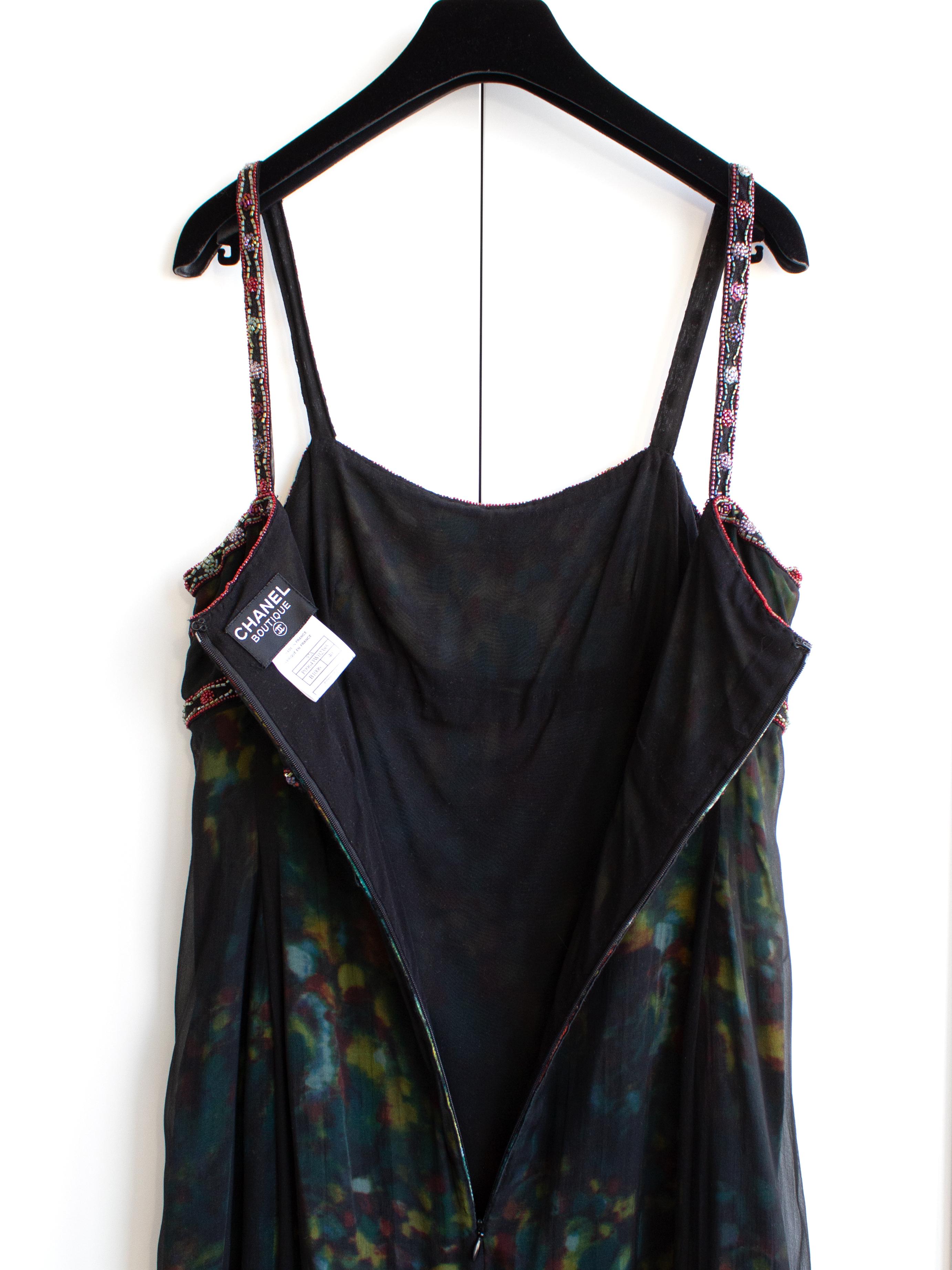 Chanel Vintage Fall/Winter 1997 Black Green Watercolor Beaded 97A Gown Dress For Sale 13