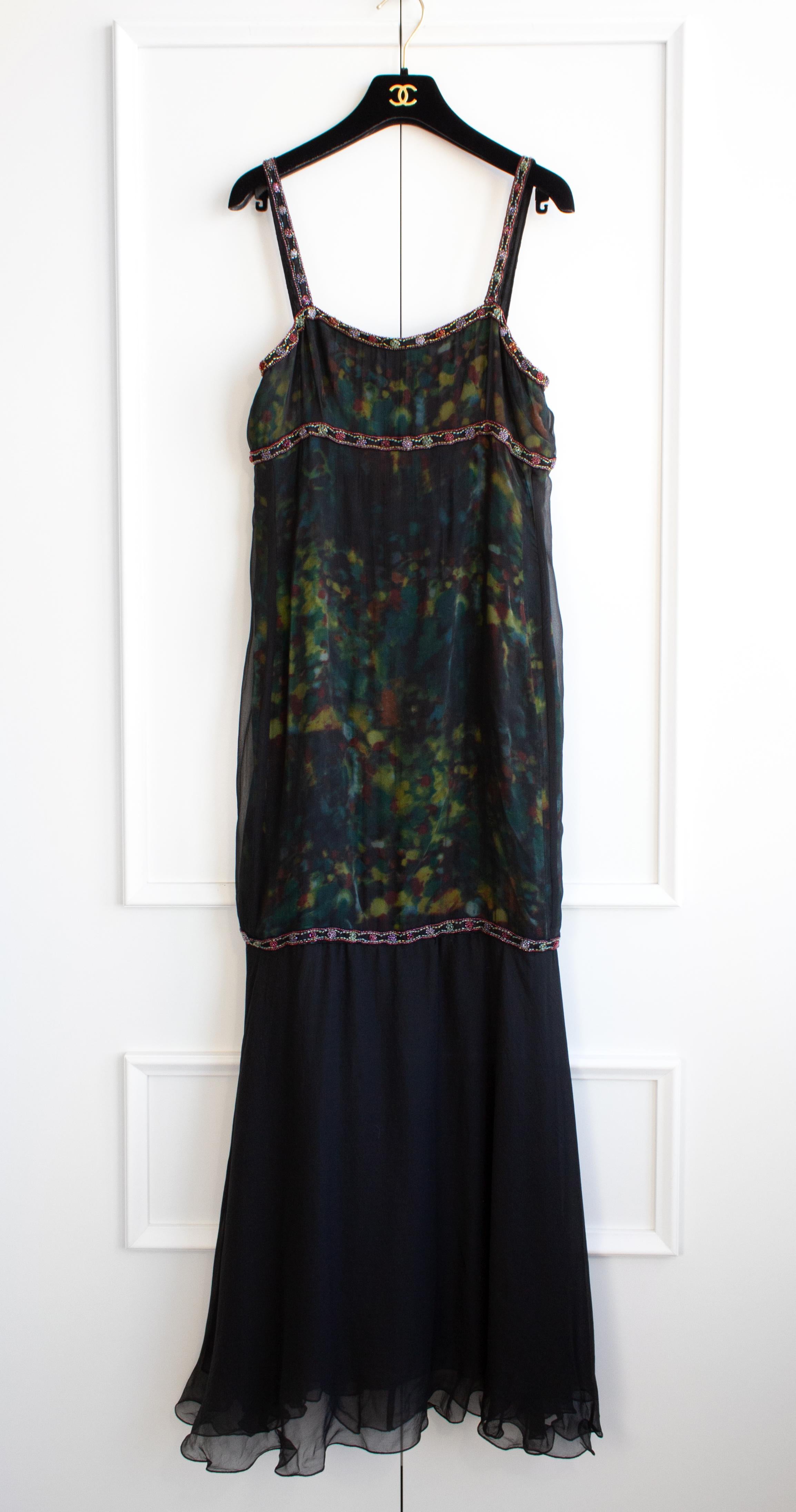 Chanel Vintage Fall/Winter 1997 Black Green Watercolor Beaded 97A Gown Dress For Sale 2