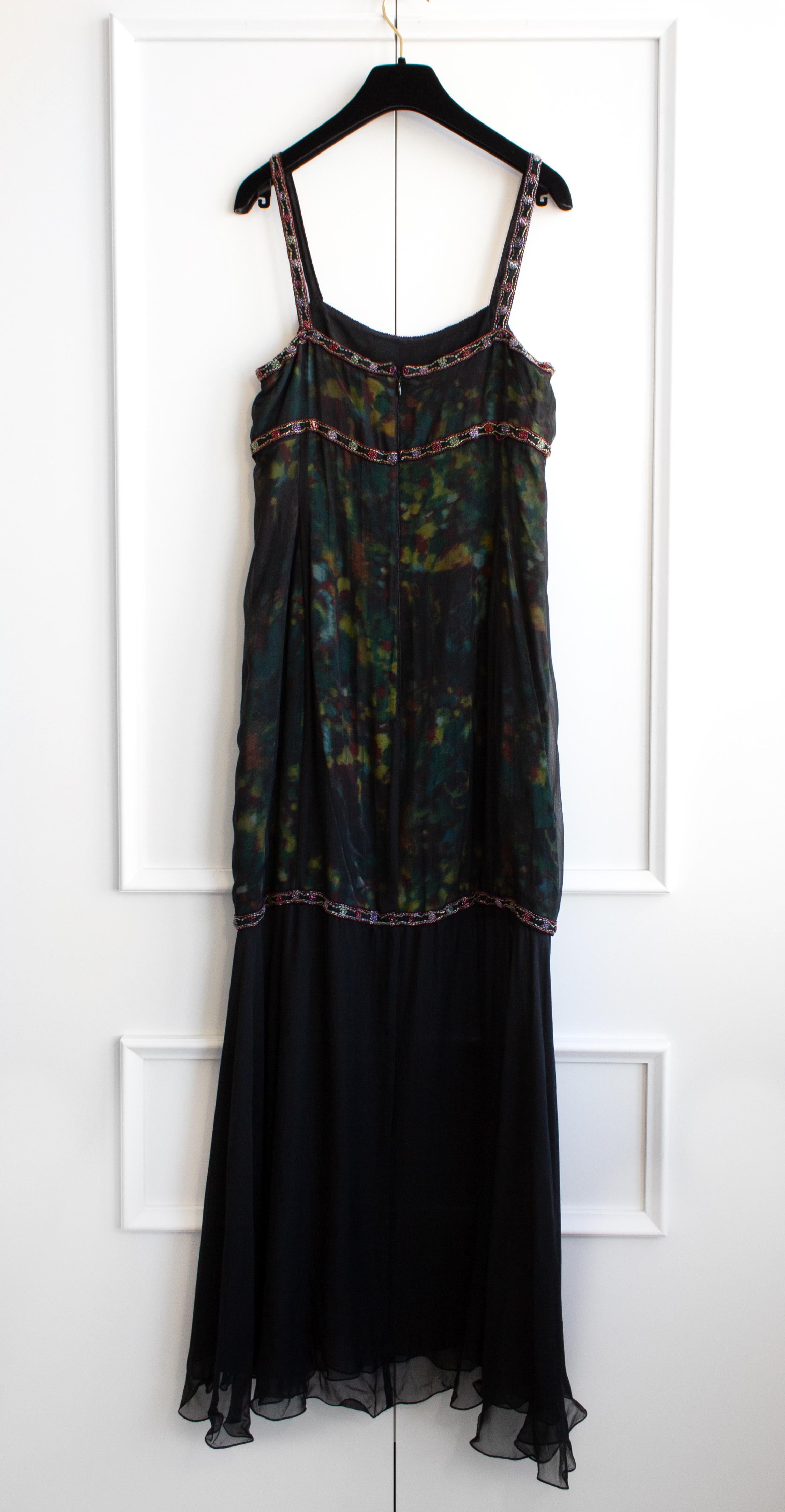 Chanel Vintage Fall/Winter 1997 Black Green Watercolor Beaded 97A Gown Dress For Sale 3