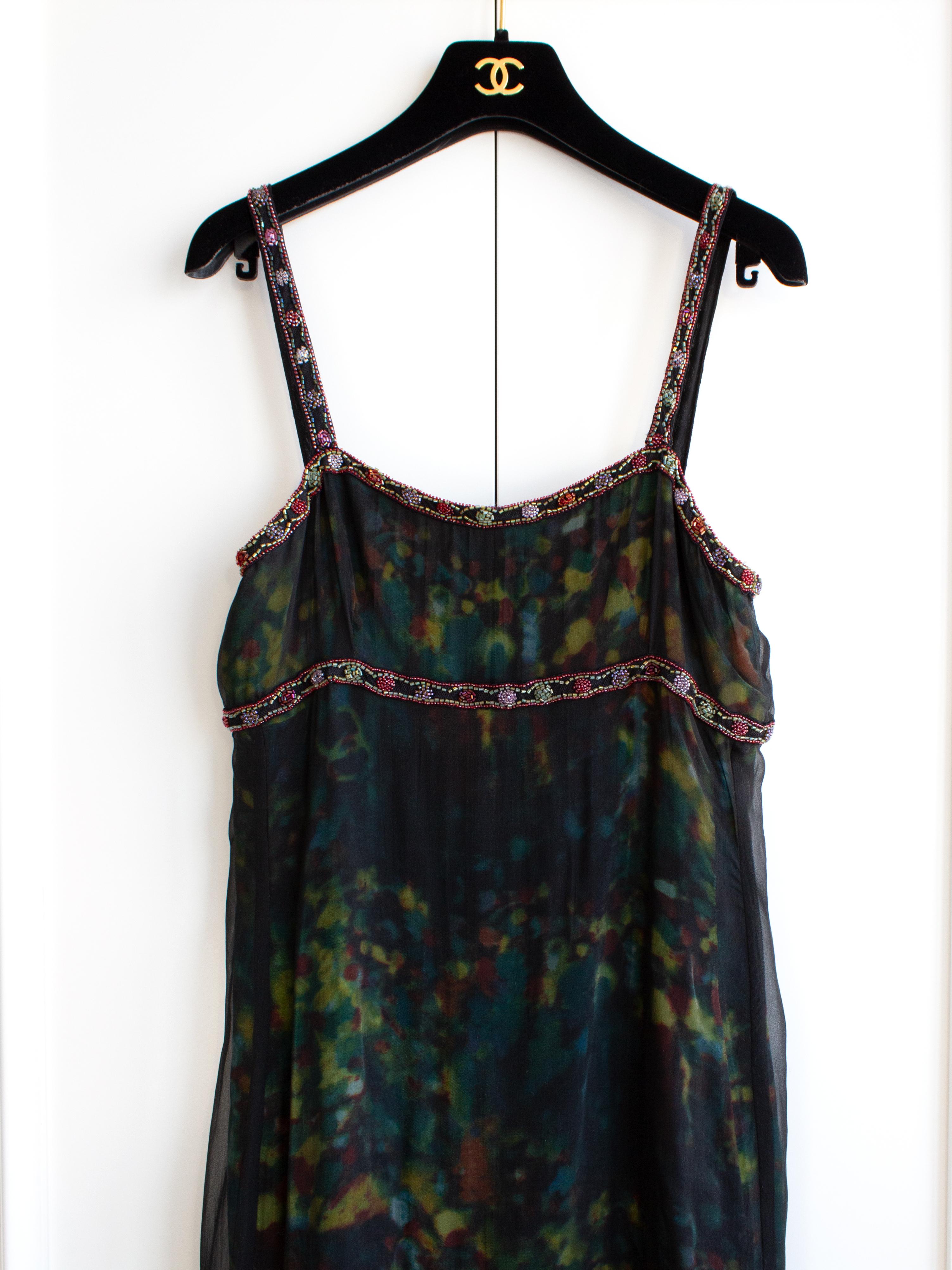 Chanel Vintage Fall/Winter 1997 Black Green Watercolor Beaded 97A Gown Dress For Sale 5