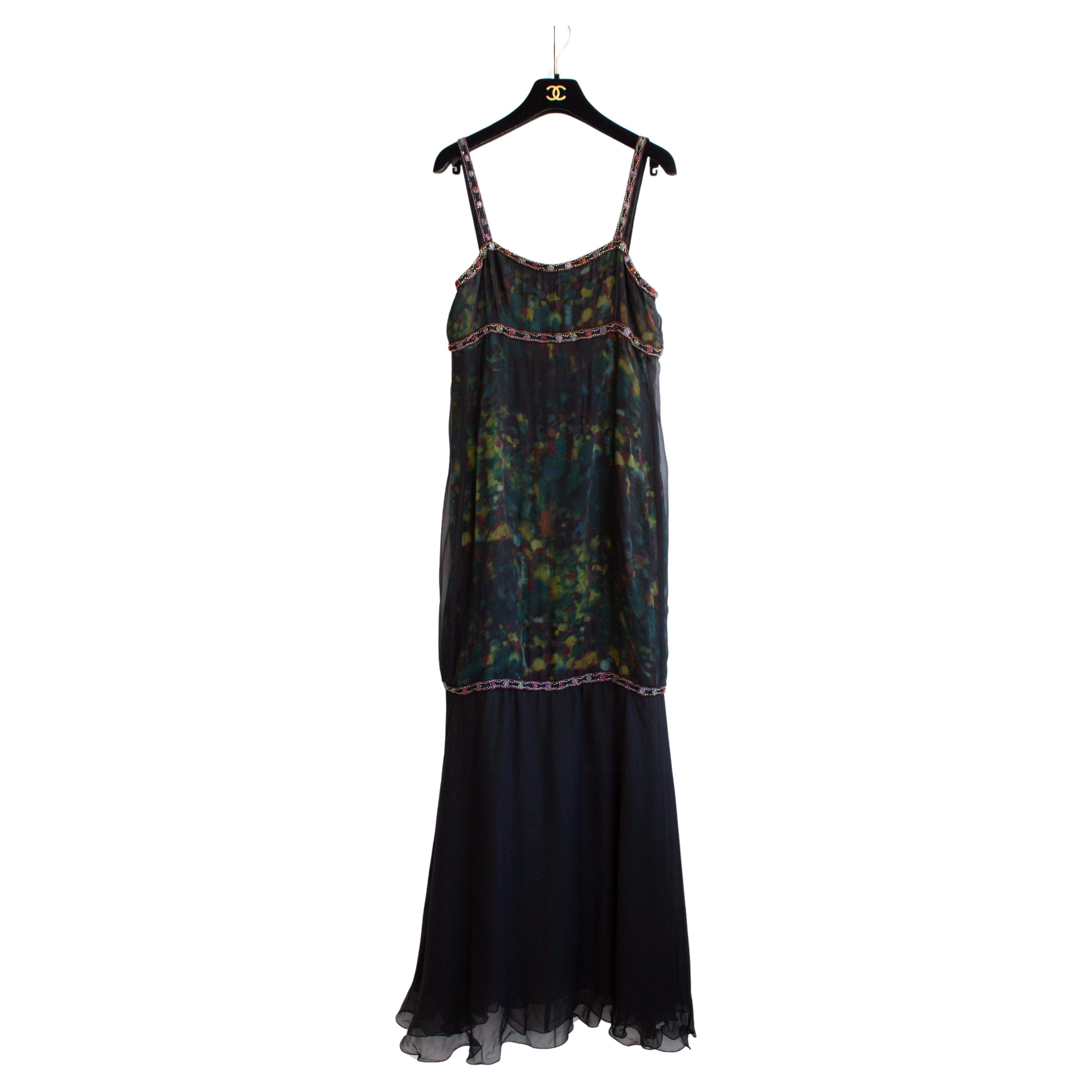 Chanel Vintage Fall/Winter 1997 Black Green Watercolor Beaded 97A Gown Dress For Sale