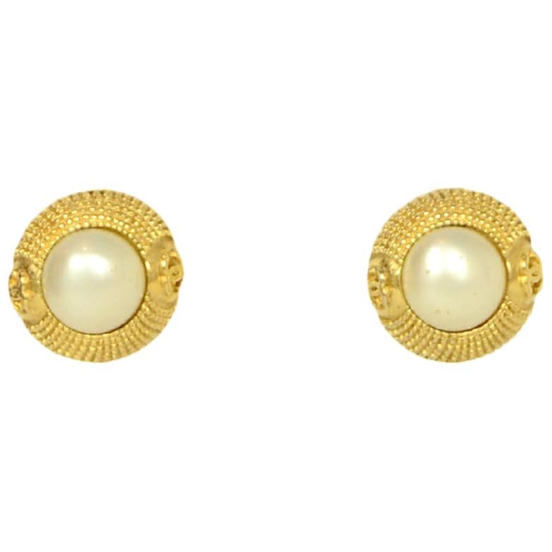 Chanel Vintage Faux Pearl and Goldtone Clip Earrings 