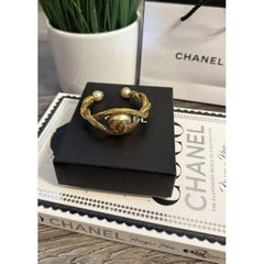 Chanel Vintage Faux Pearl Gold Plated CC Cuff Bracelet