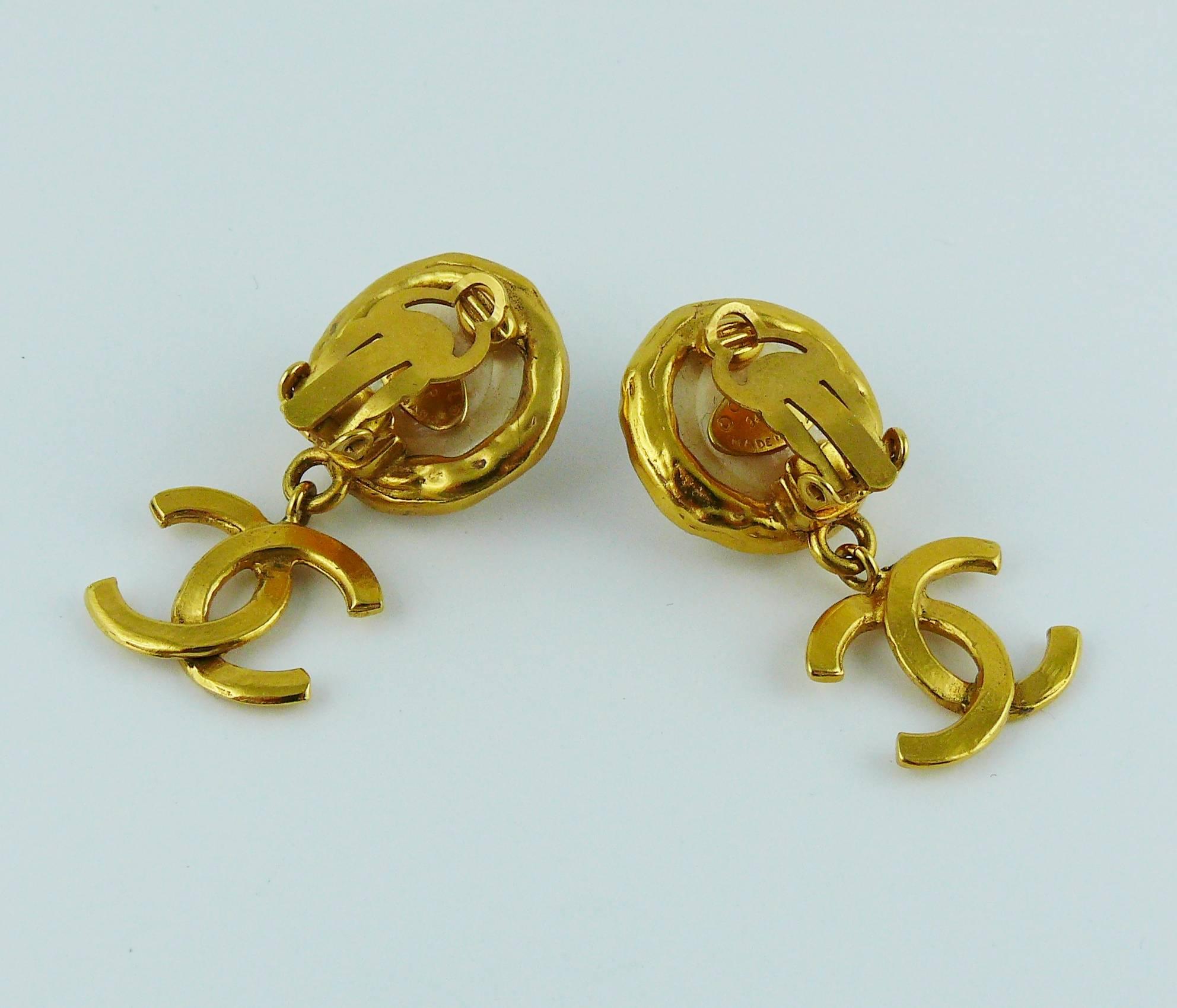 Chanel Vintage Faux Pearl Gold Tone Logo Drop Earrings Spring 1994 1