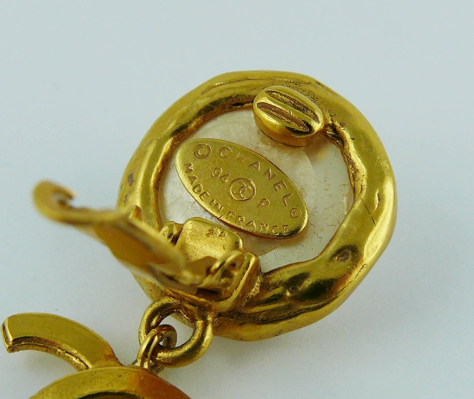Chanel Vintage Faux Pearl Gold Tone Logo Drop Earrings Spring 1994 2