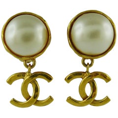 Chanel Vintage Faux Pearl Gold Tone Logo Drop Earrings Spring 1994