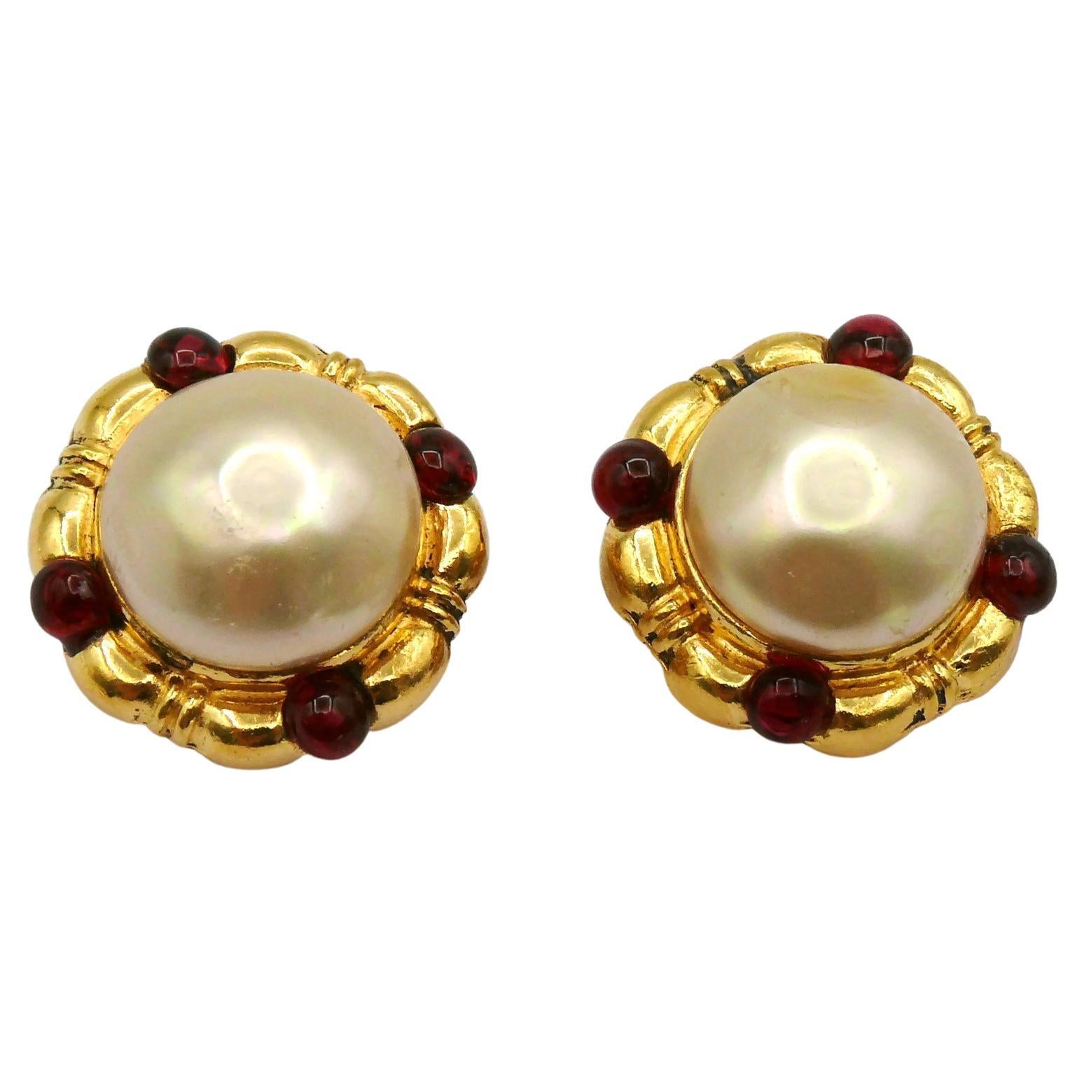 CHANEL Vintage Faux Pearl Gripoix Clip-On Earrings, 1982 For Sale